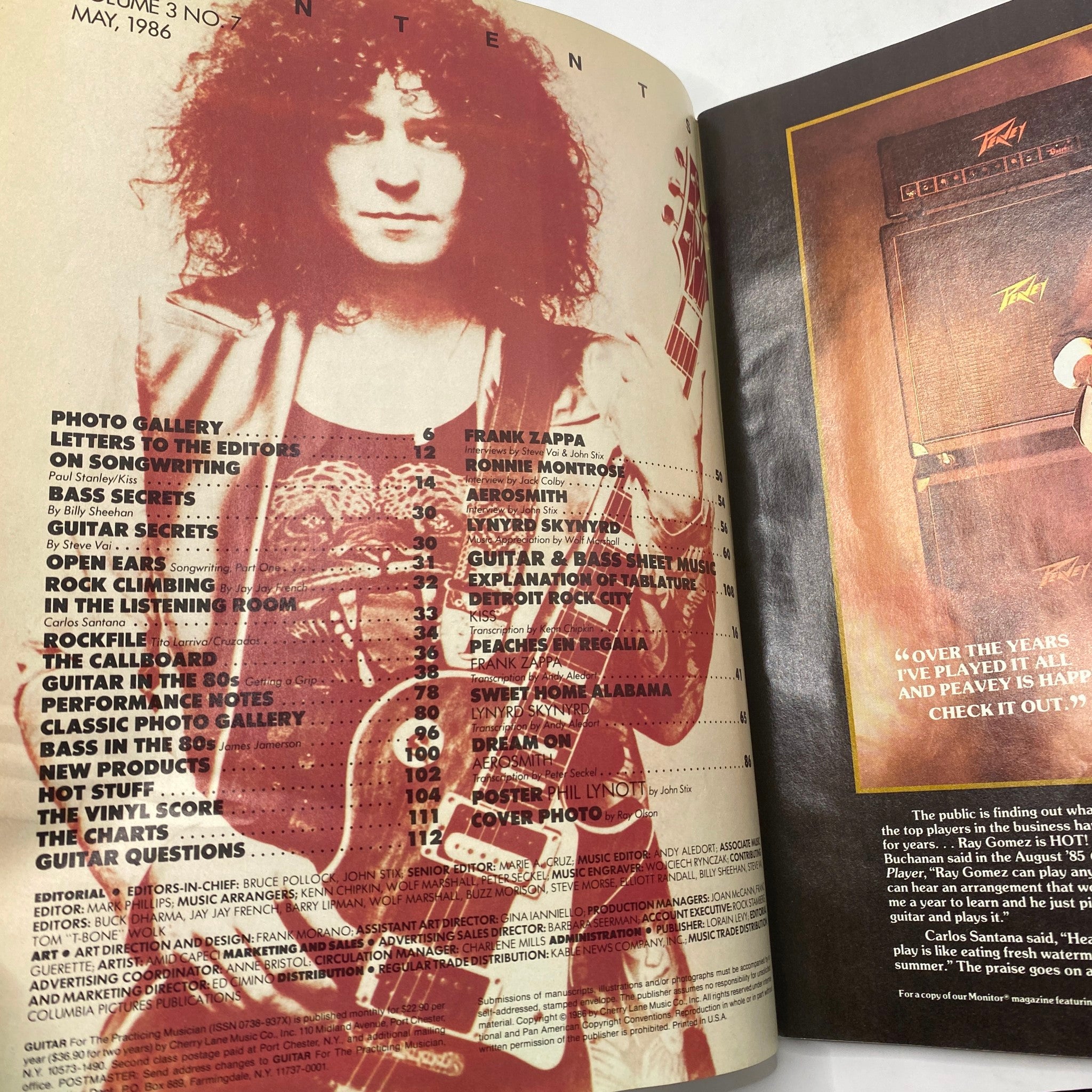 Contents page of VTG Guitar Magazine May 1986, listing articles on Aerosmith and Lynyrd Skynyrd, highlighting classic rock insights.