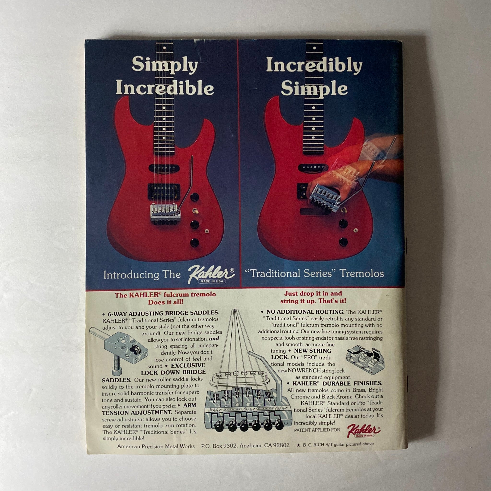 Back cover of VTG Guitar Magazine May 1986 advertising Kahler tremolo systems, showcasing innovative guitar technology.
