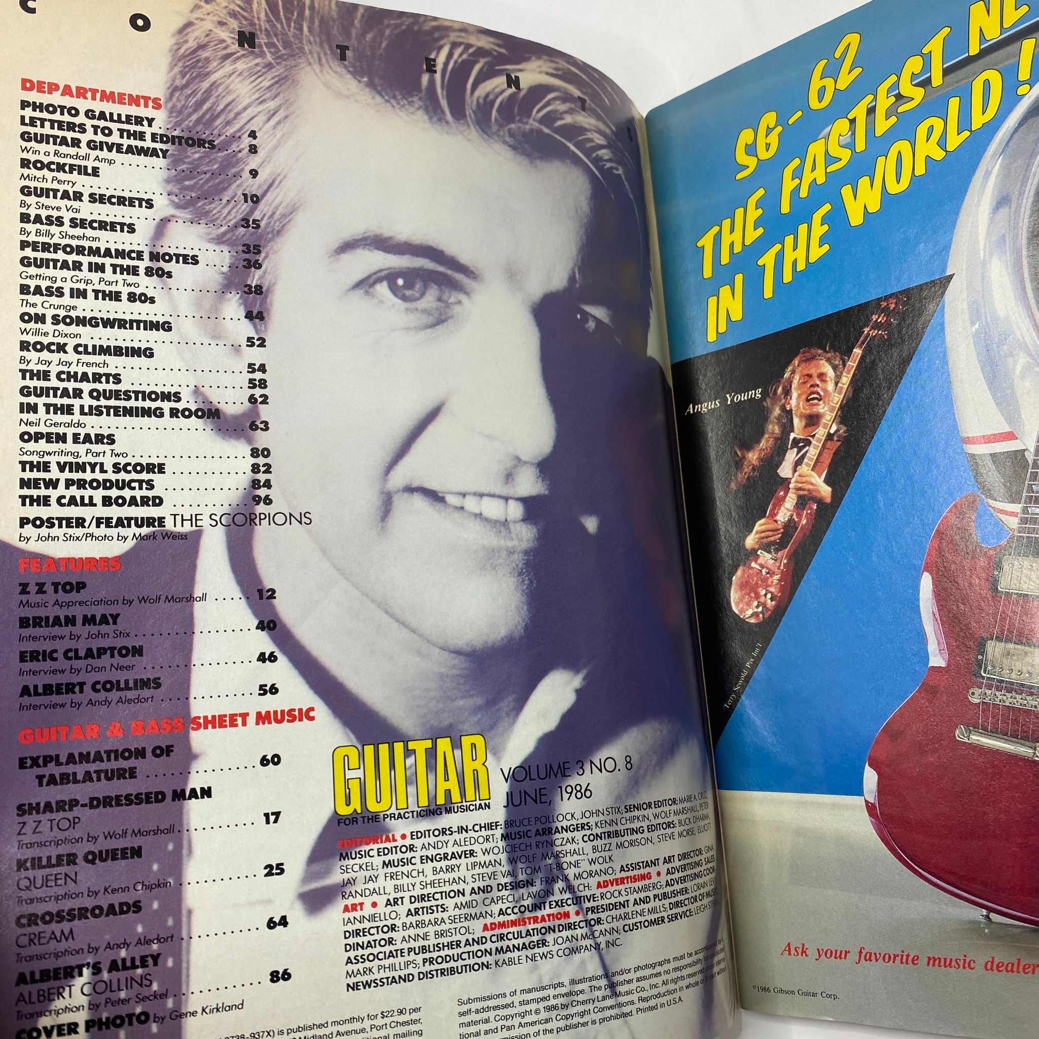 Inside spread of VTG Guitar Magazine June 1986 showing the table of contents and features including Eric Clapton, Billy Gibbons, and Brian May.