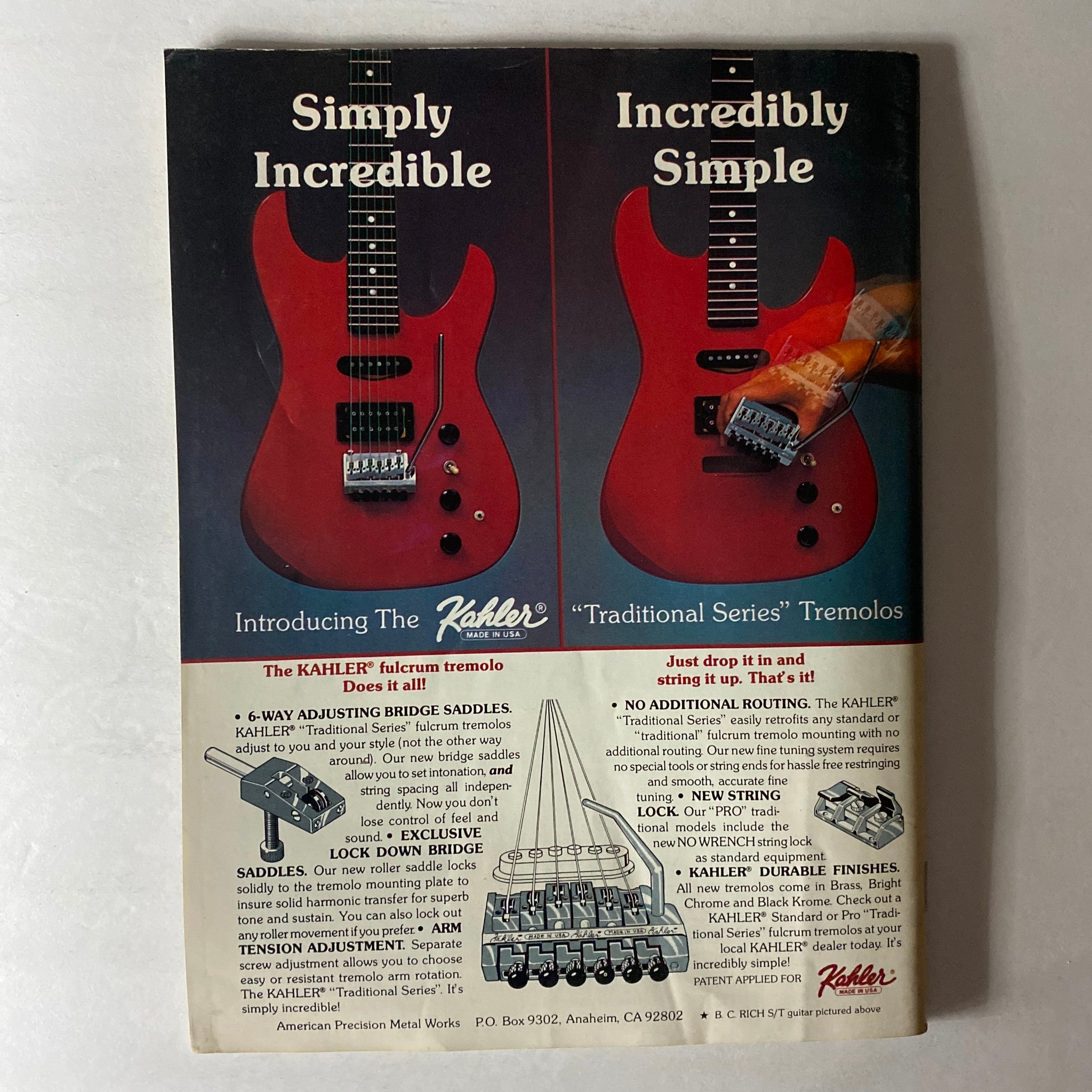 VTG Guitar Magazine June 1986 advertisement for the Kahler tremolo system, highlighting features with visual examples of guitars and components.