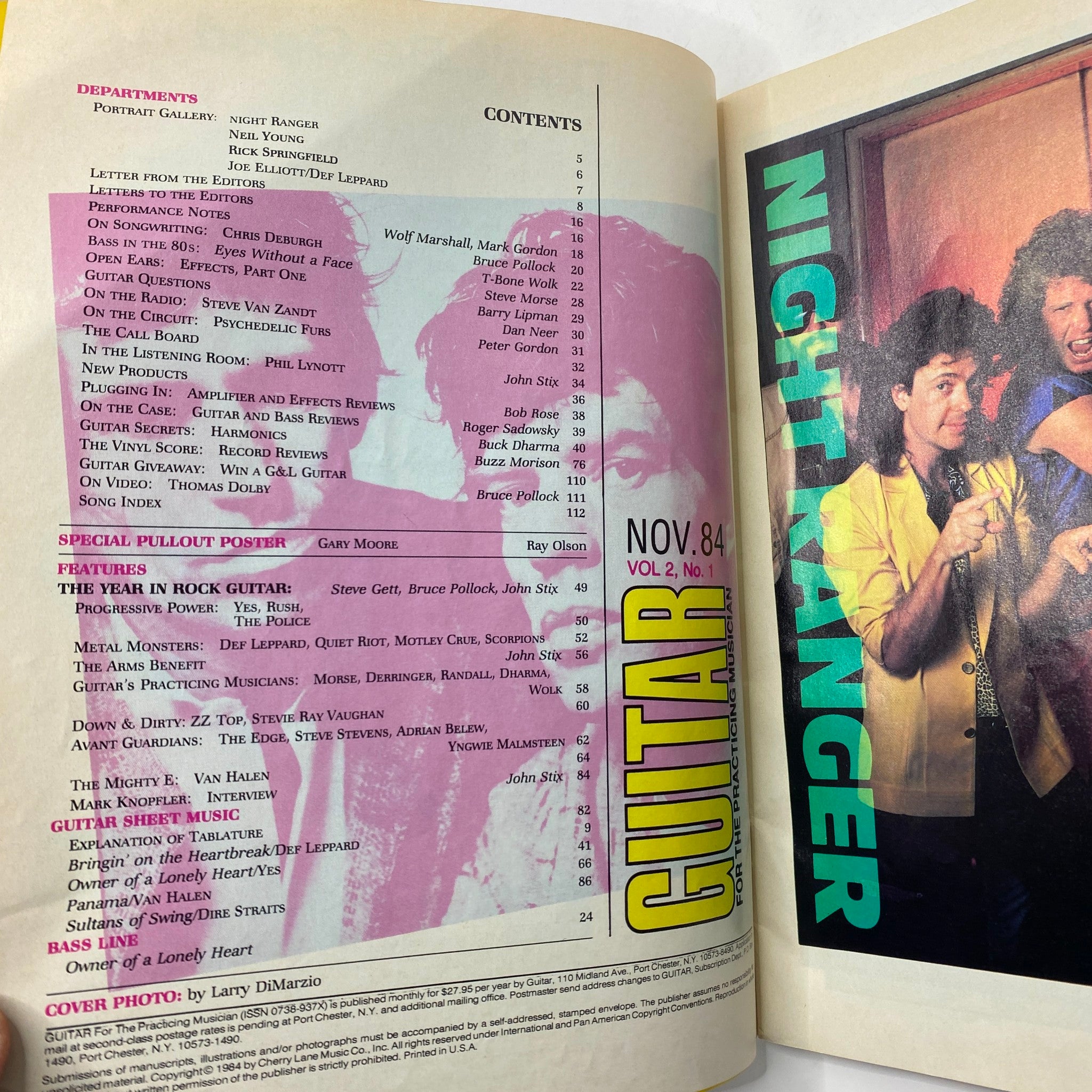Interior page of the Vintage Guitar Magazine November 1984 displaying the contents section, including features on rock guitar artists and special pullout poster information.