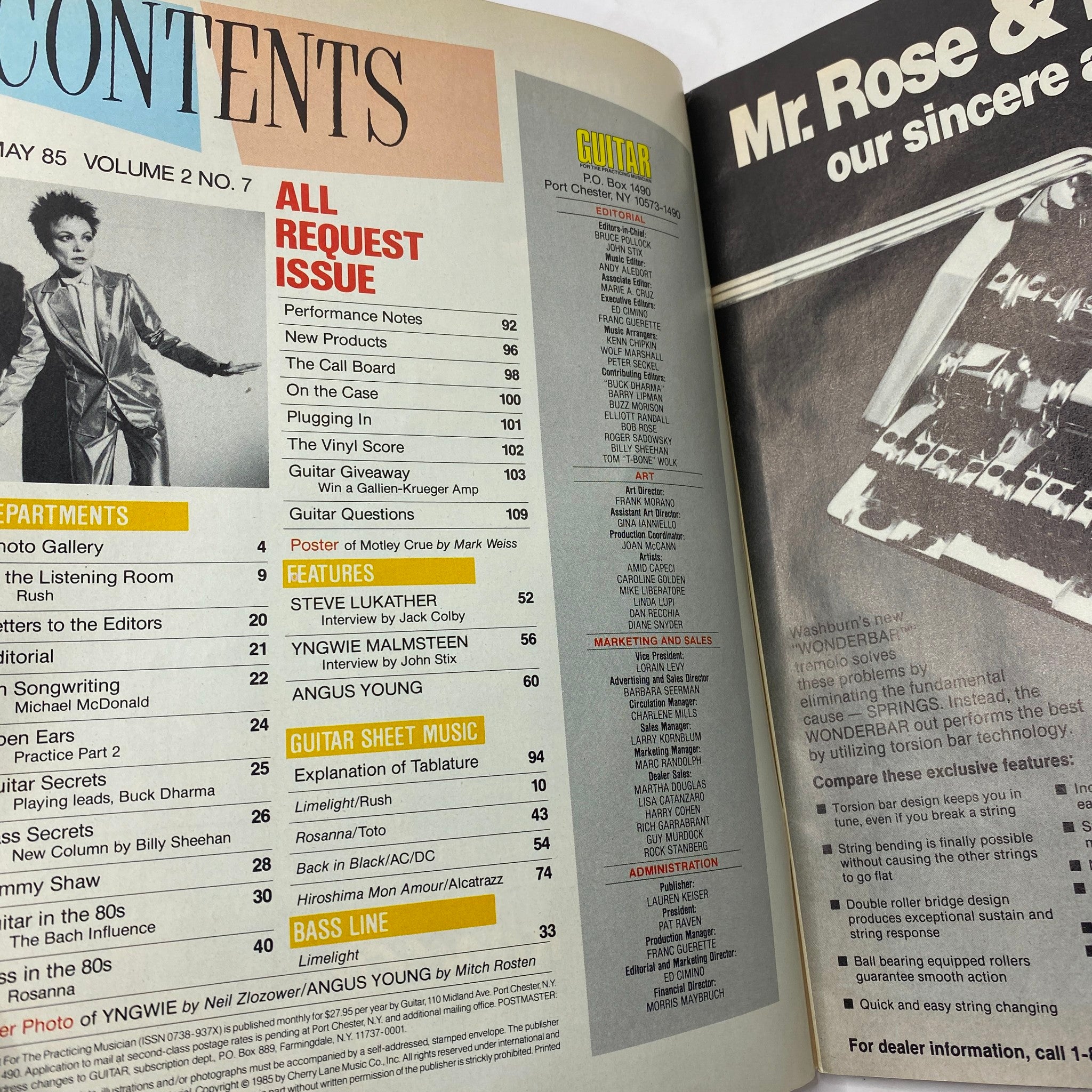 Contents page of the Vintage Guitar Magazine May 1985 showcasing features on Yngwie Malmsteen and Angus Young.