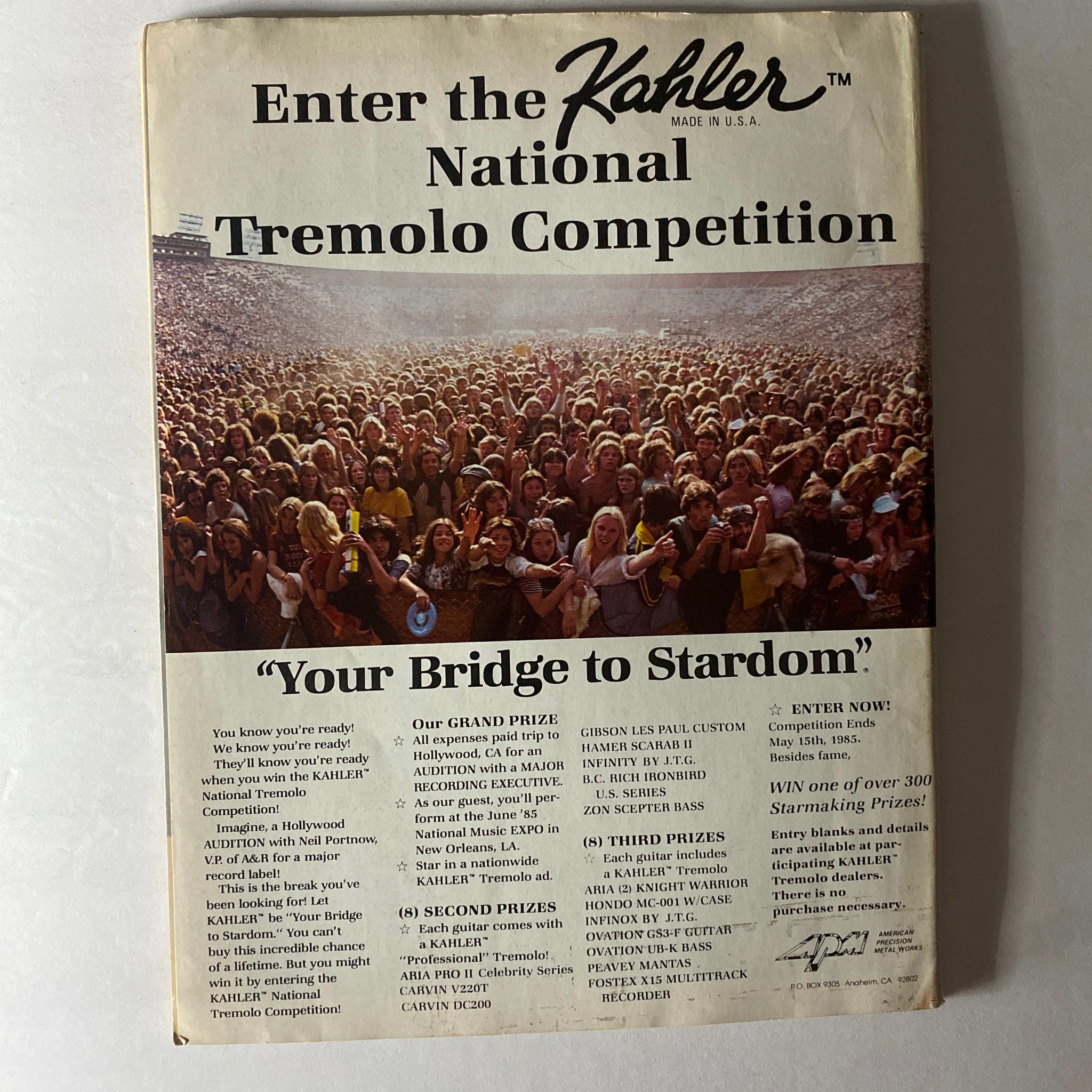 Back cover of the Vintage Guitar Magazine May 1985 featuring a competition advertisement for the Kahler National Tremolo.