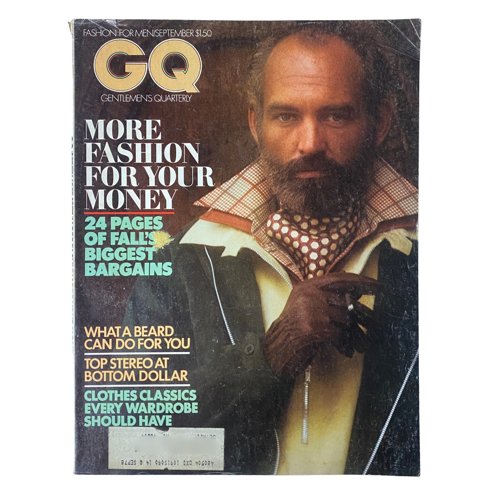 GQ Magazine September 1975 Denis Lamarsh Cover showcasing a stylish man with facial hair wearing a fashionable jacket, emphasizing the issue's focus on men's fashion for the fall season.