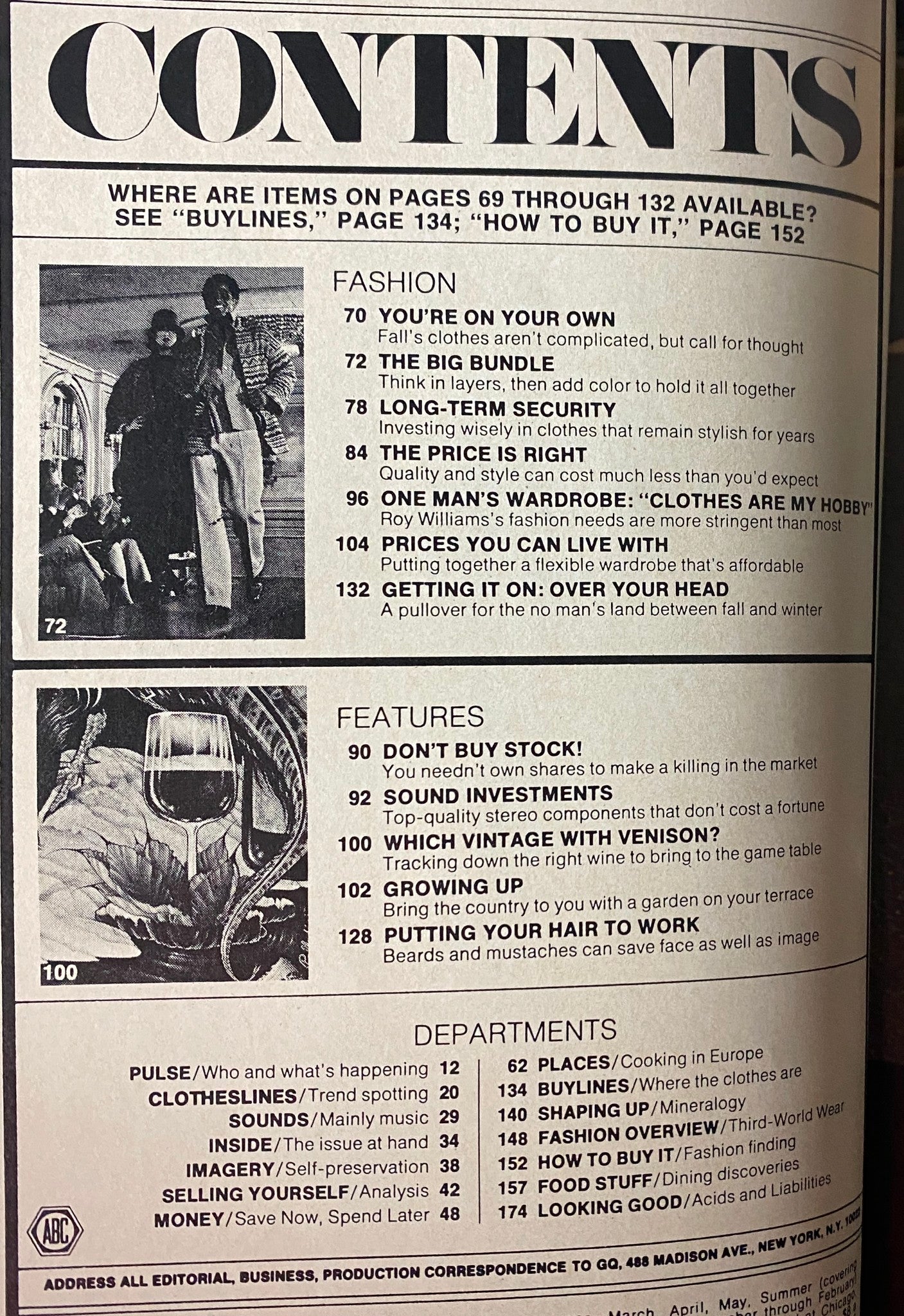 Contents page of GQ Magazine September 1975 listing articles on men's fashion, grooming, and lifestyle topics, highlighting the magazine's diverse content and insight for the modern man.