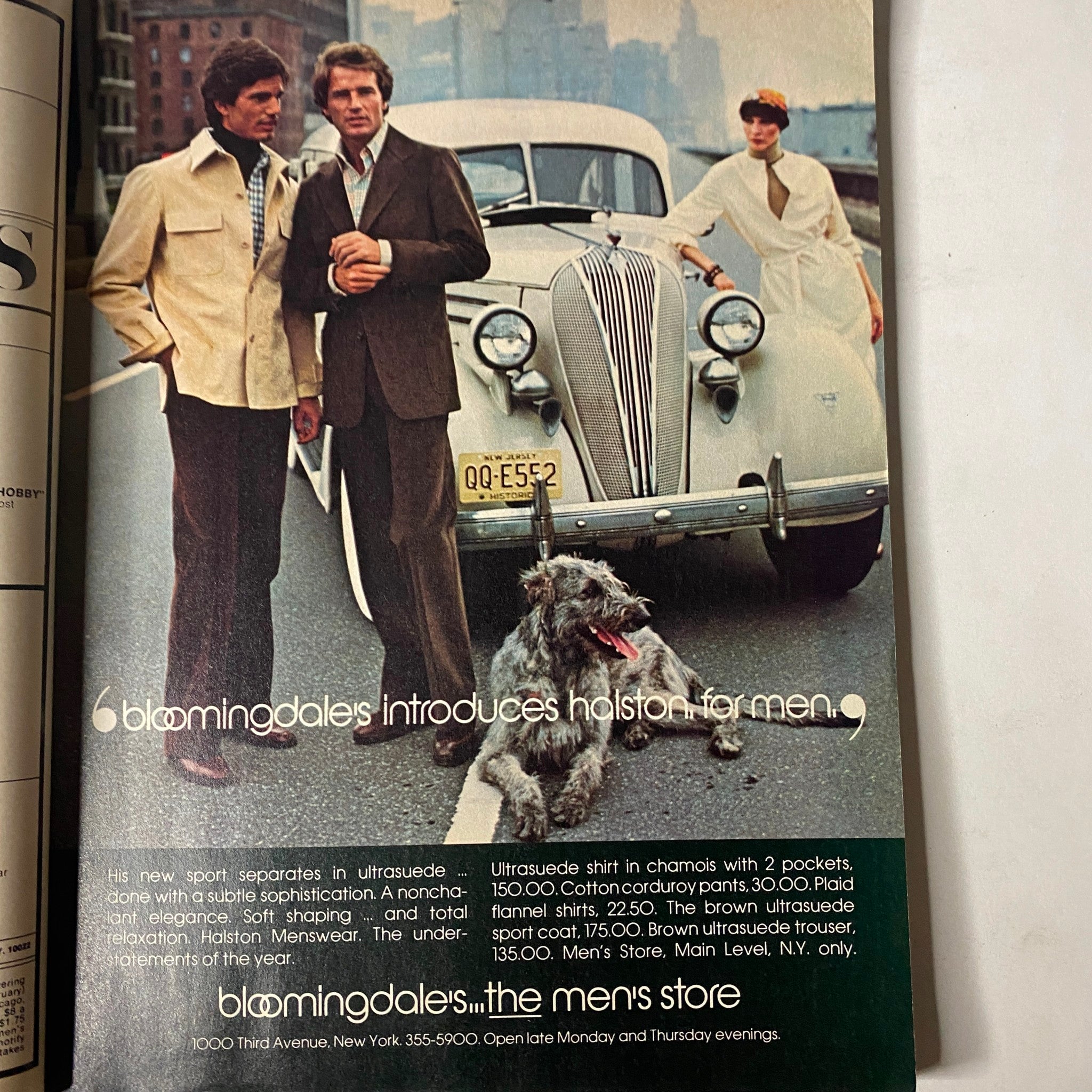 GQ Magazine September 1975 advertisement featuring three stylish men alongside a dog, promoting Halston menswear, capturing the essence of vintage fashion trends from the era.