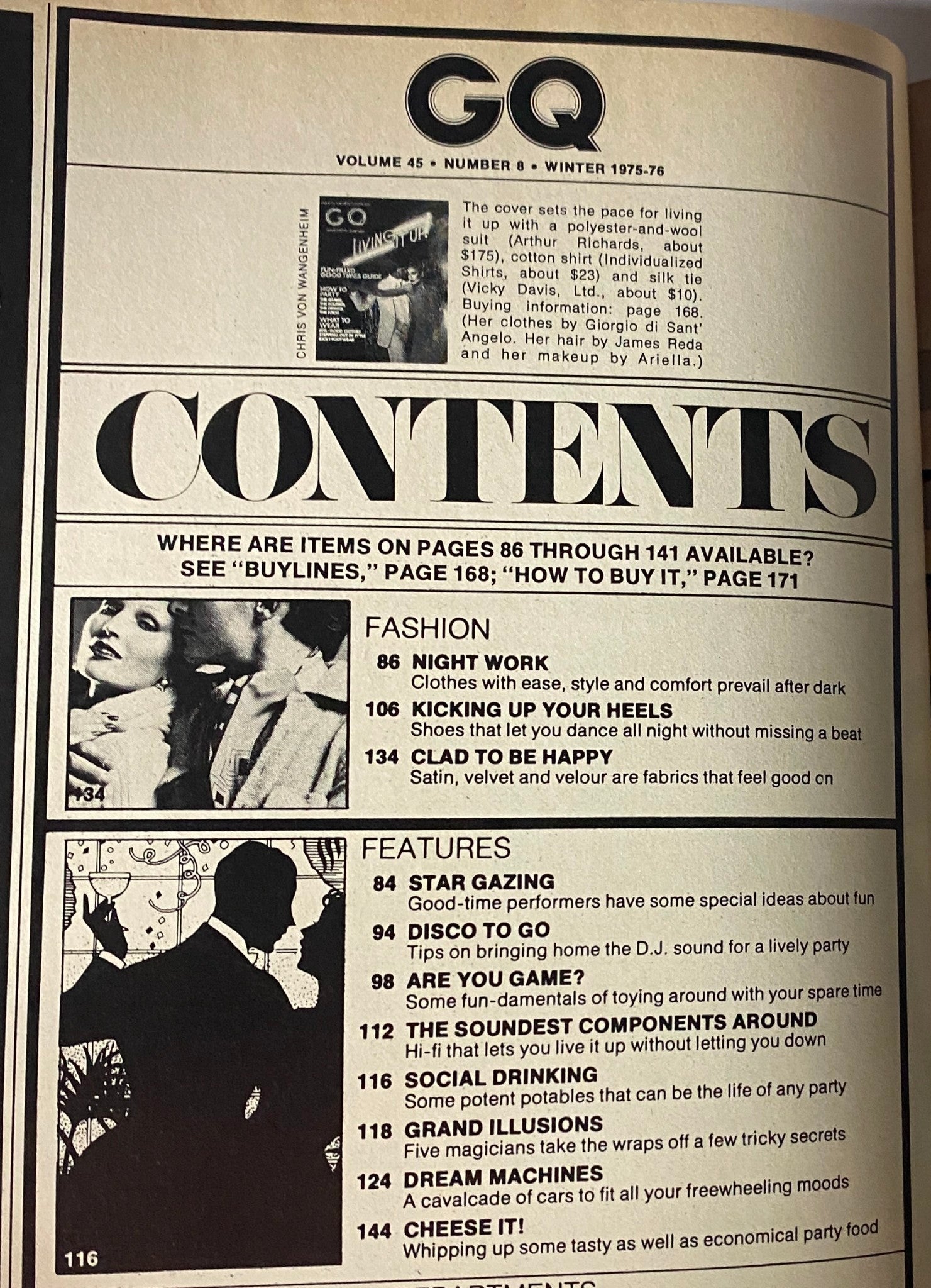 Contents page of GQ Magazine Winter 1975-1976 showcasing fashion highlights such as 'Night Work' and 'Kicking Up Your Heels,' featuring articles relevant to mid-70s style.