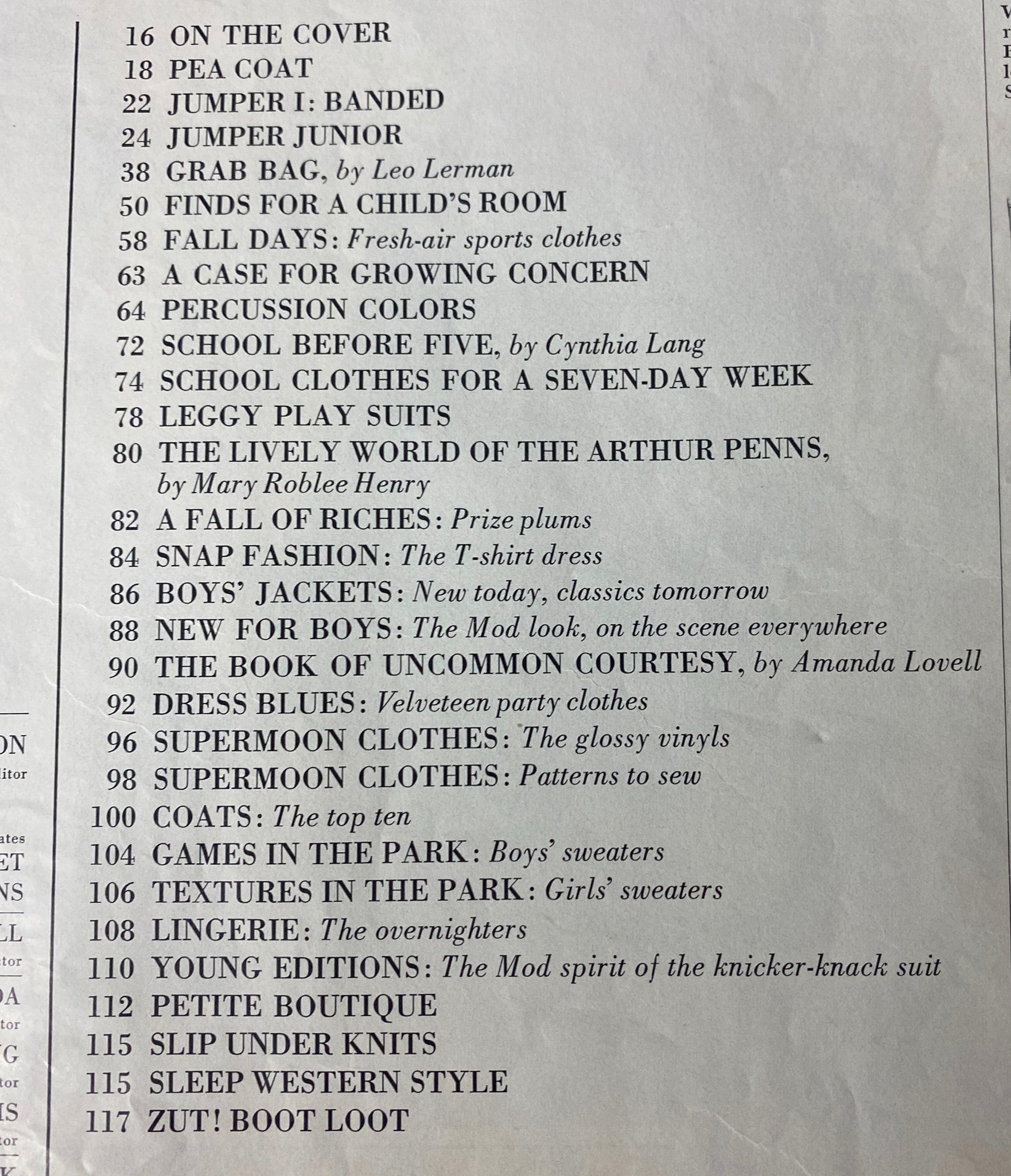 Inside page of the 1966 Vogue Children Fall Catalog listing various fashion sections including children’s fashion themes and trends.