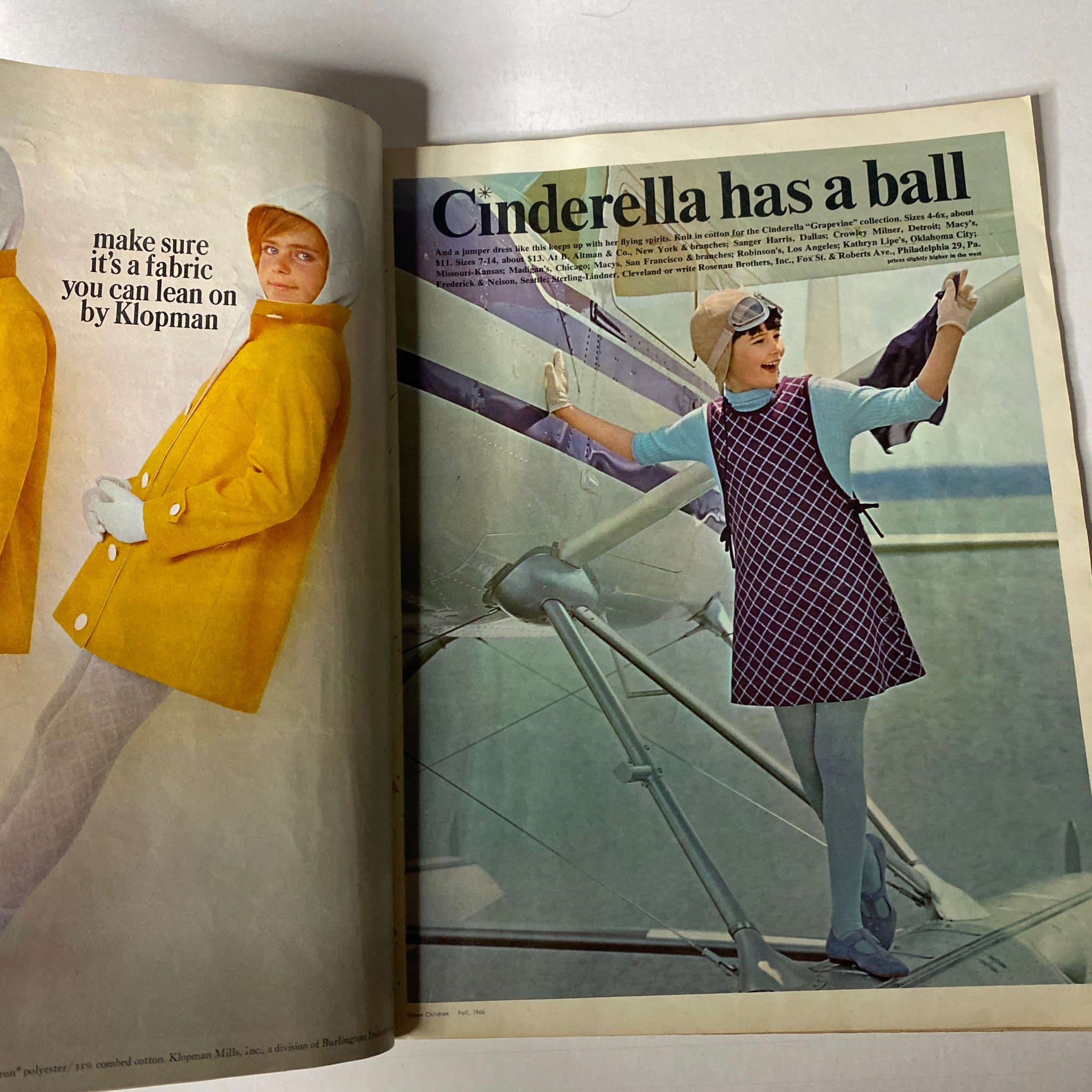 A fashion spread from the 1966 Vogue Children Fall Catalog, depicting a model dressed in retro styles inspired by the Cinderella theme on a boat.