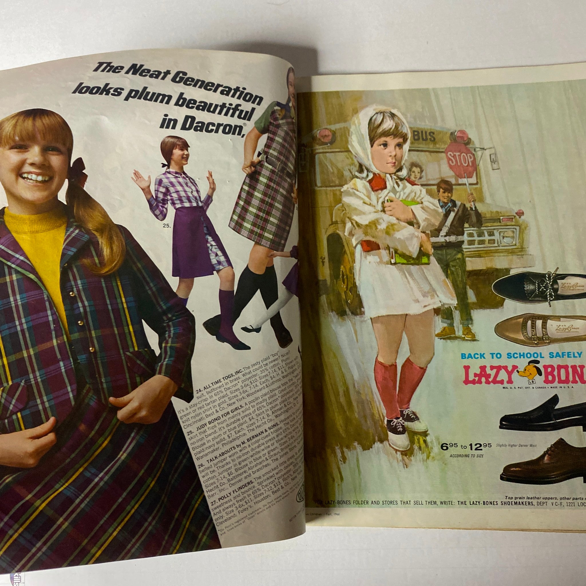 Double-page spread in the 1966 Vogue Children Fall Catalog displaying stylish outfits for children, emphasizing back-to-school fashion.