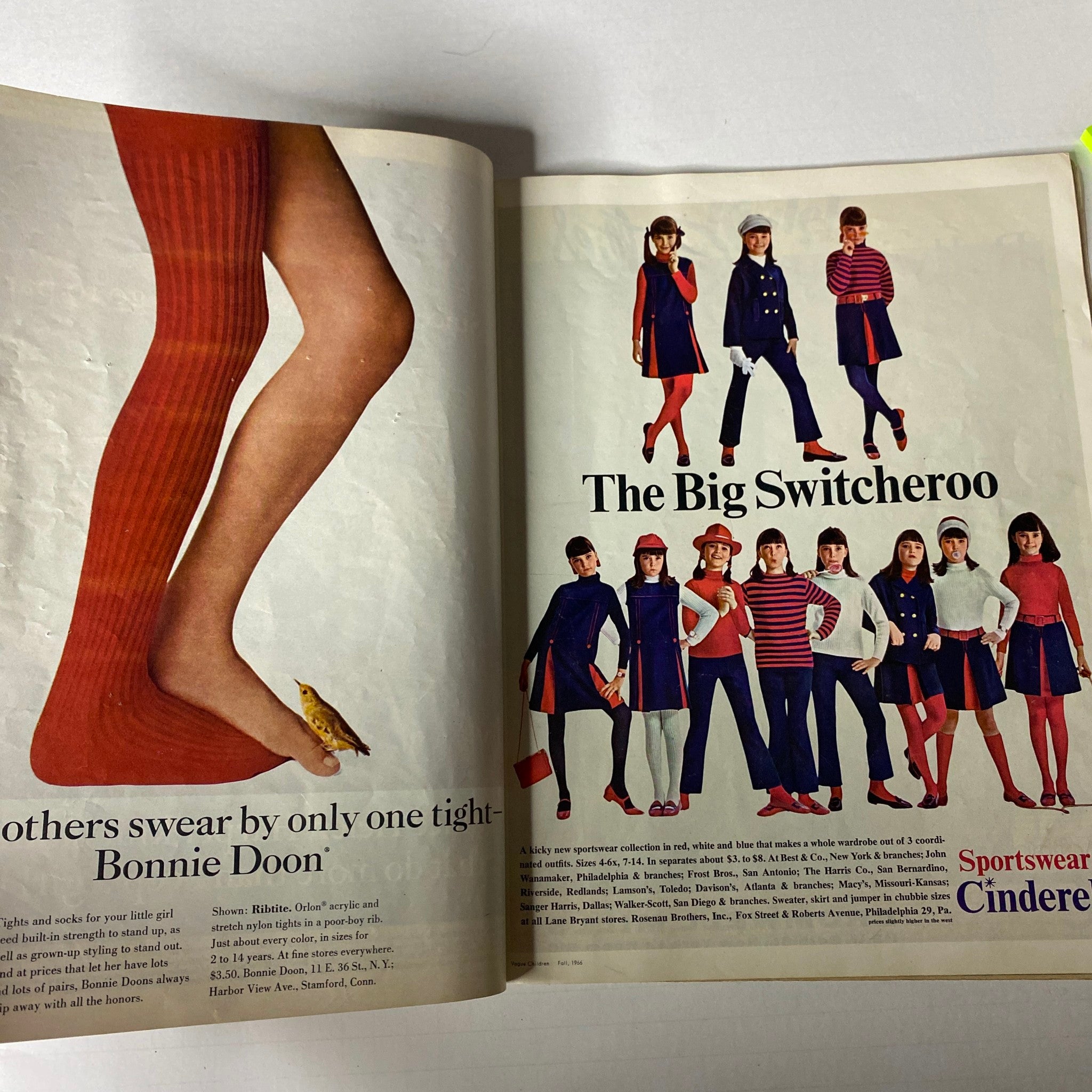Fashion feature in the 1966 Vogue Children Fall Catalog showcasing sportswear trends with a diverse group of children in playful attire.