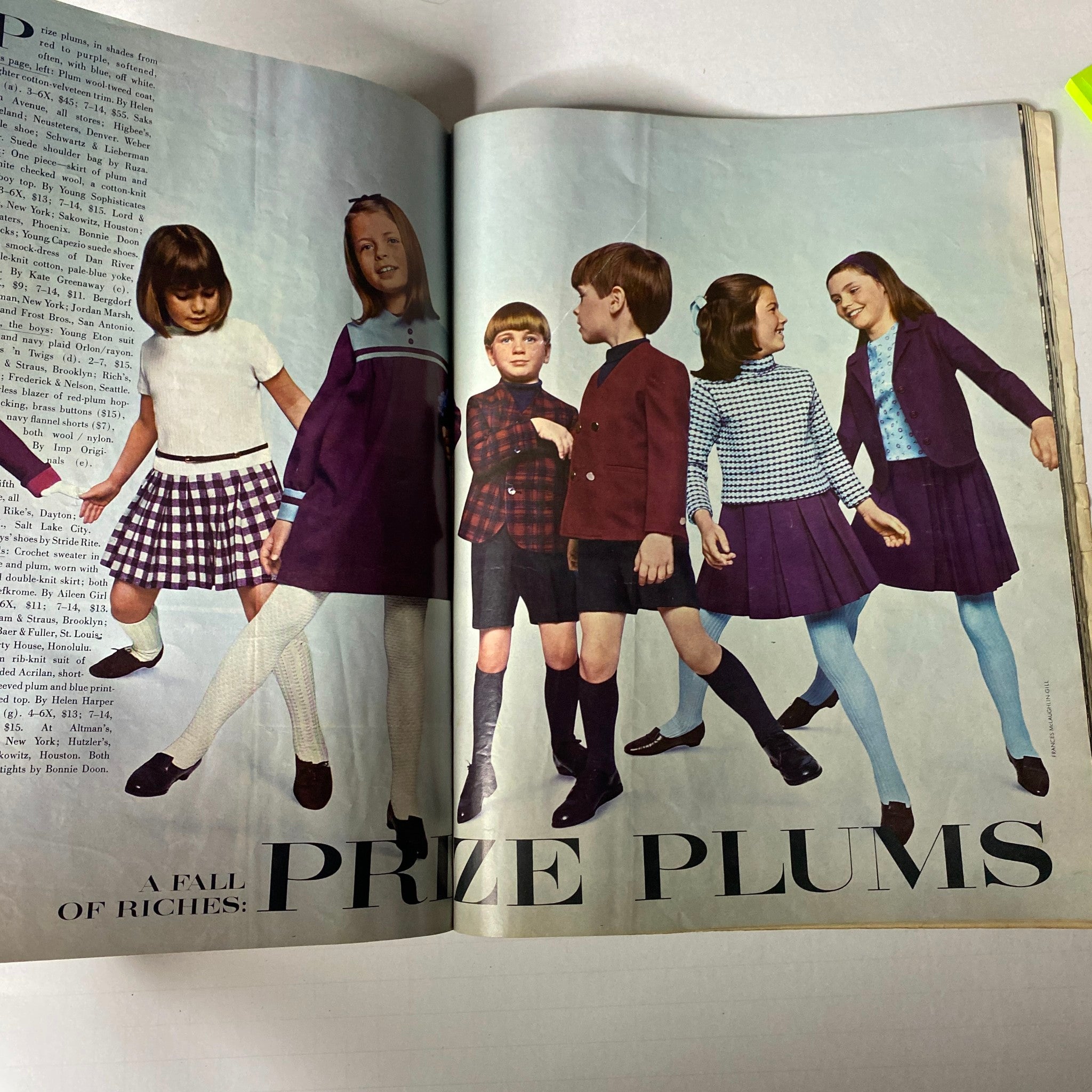 1966 Vogue Children Fall Catalog image showcasing children in stylish fall outfits, featuring plaid skirts, modern sweaters, and classic shoes, representing mid-century children's fashion trends.