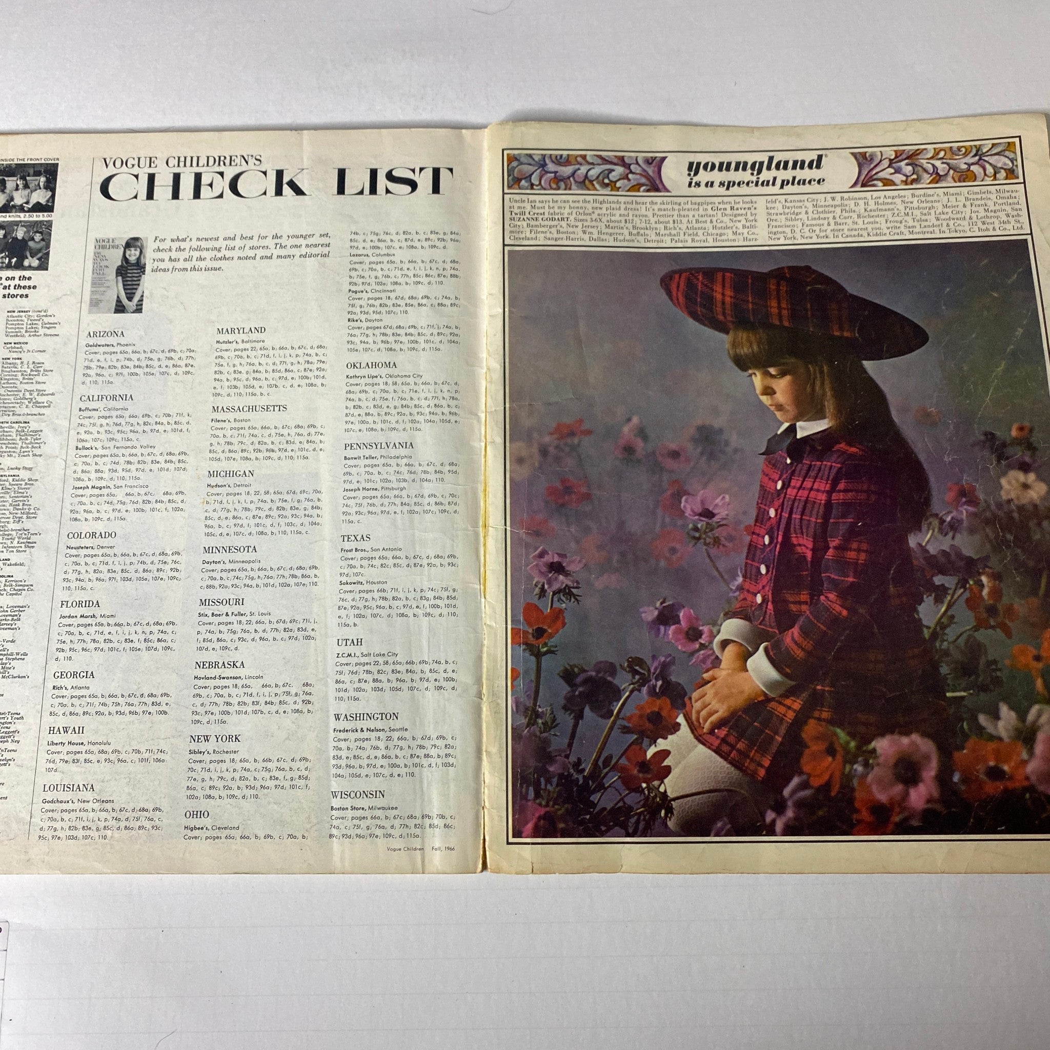 1966 Vogue Children Fall Catalog page displaying a checklist for young fashion, alongside a portrait of a girl in a stylish plaid coat amid floral arrangements, highlighting the era's children's attire.