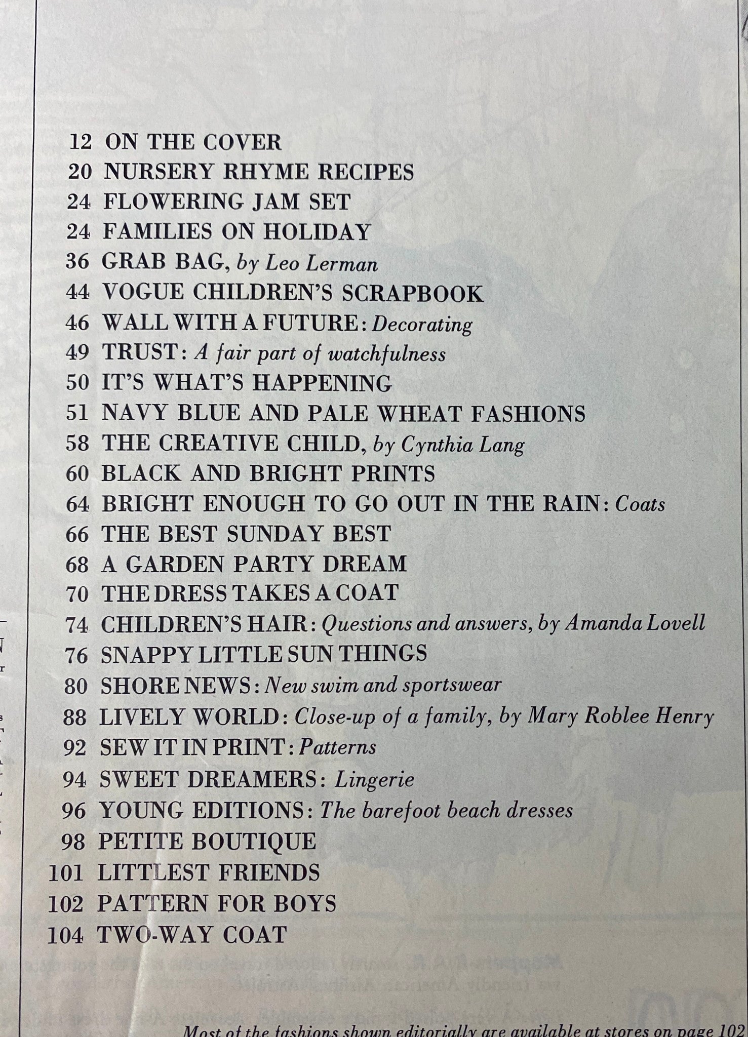 Table of contents page from the 1966 Vogue Children Spring and Summer Catalog listing various articles and features related to children's fashion, creative projects, and parenting tips.