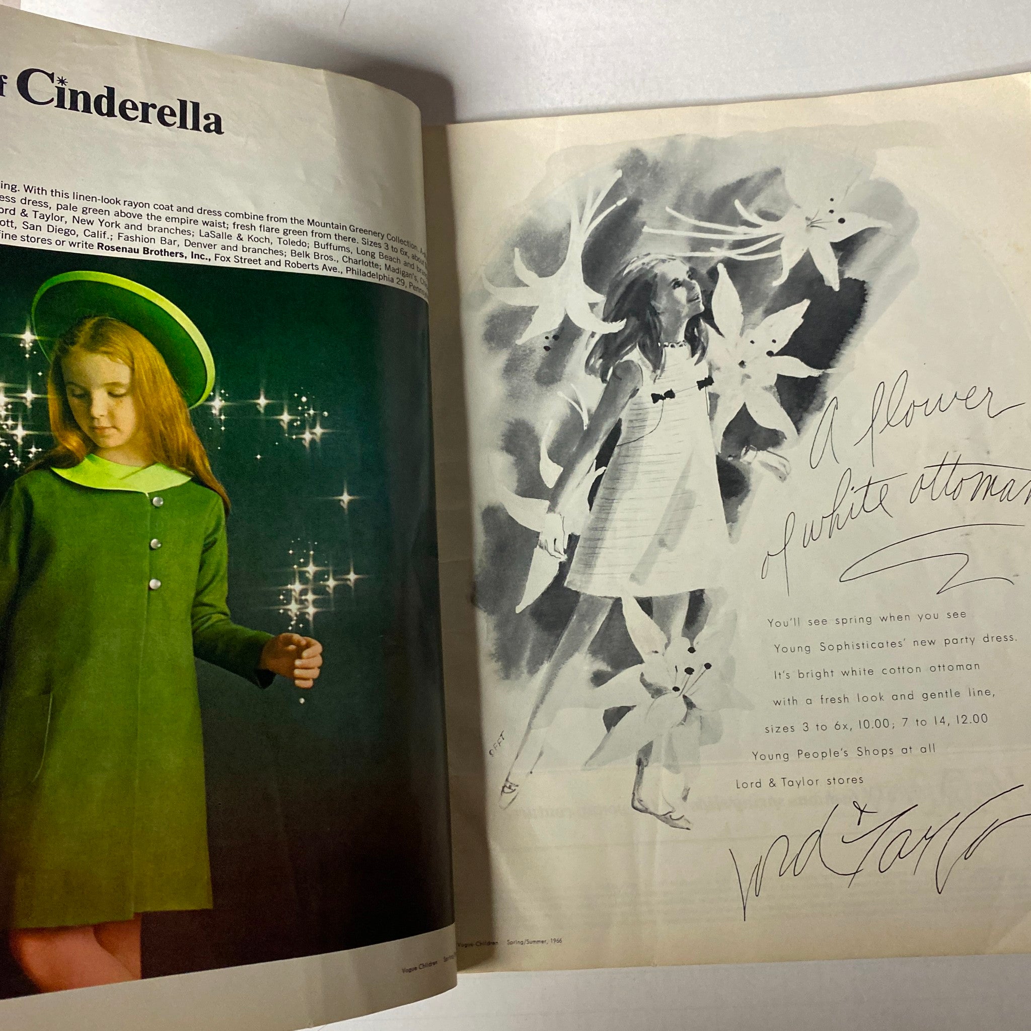 1966 Vogue Children Spring and Summer Catalog featuring a young girl in a green outfit holding a wand, highlighting whimsical children’s fashion and mid-century style.