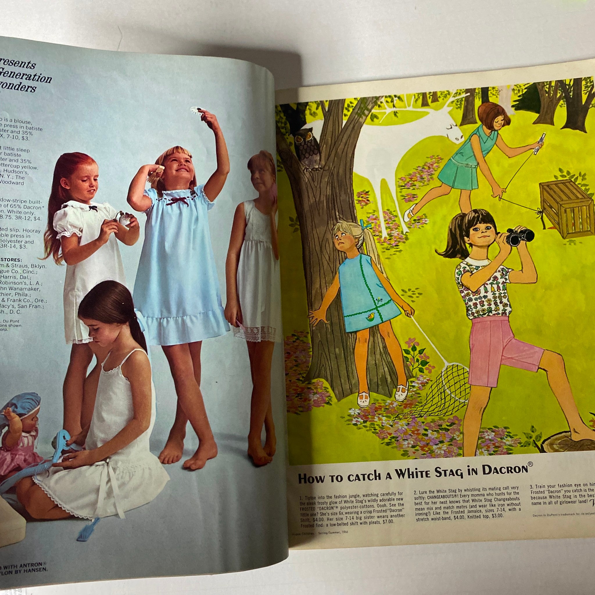 1966 Vogue Children Spring and Summer Catalog showcasing girls playing and exploring outdoors, illustrating carefree childhood moments and vibrant, casual fashion of the 1960s.