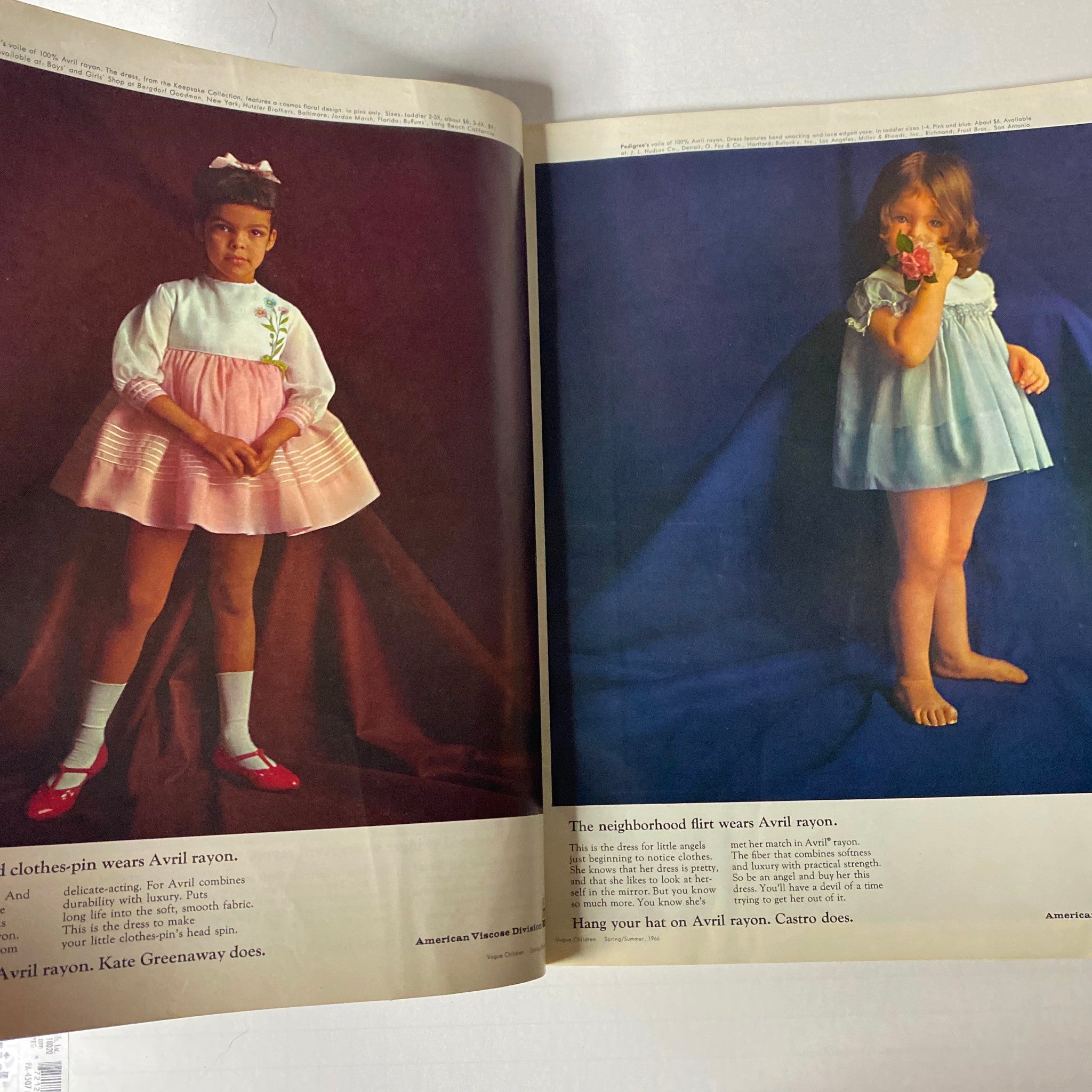 1966 Vogue Children Spring and Summer Catalog displaying two children dressed in elegant outfits, emphasizing vintage children's clothing styles from the mid-1960s.