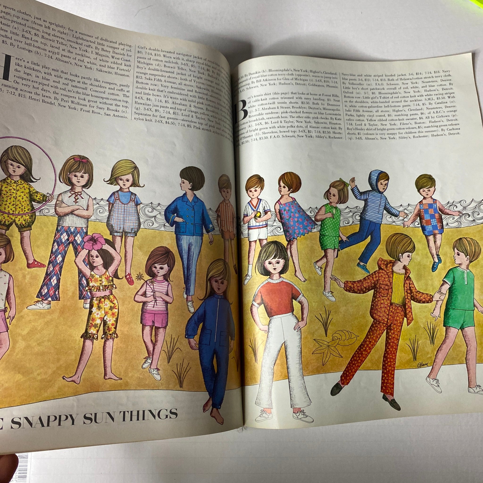 1966 Vogue Children Spring and Summer Catalog featuring a colorful illustration of children in playful outfits, reflecting the bright summer fashion trends for kids during the 1960s.
