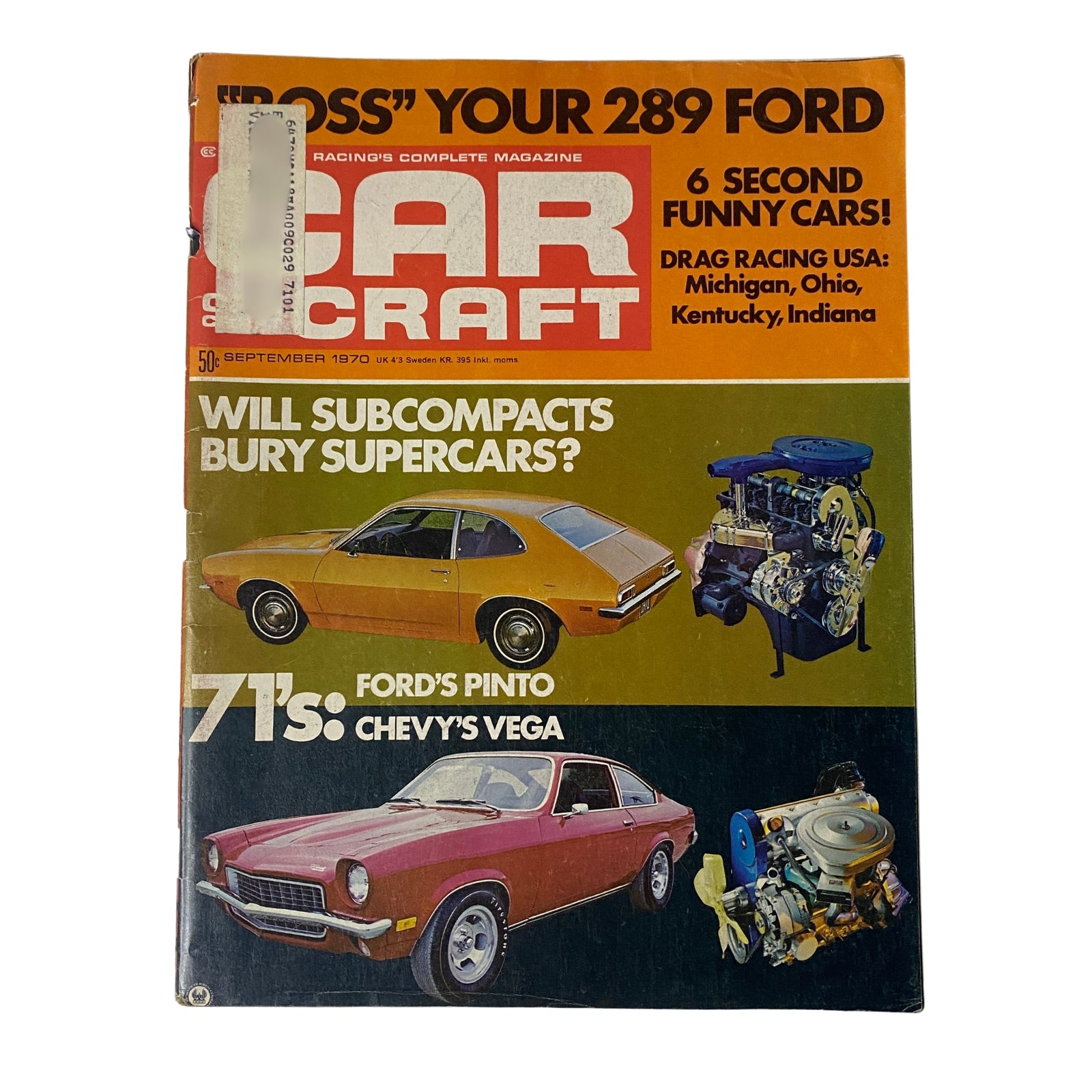 Cover of Car Craft Magazine September 1970, featuring Ford's Pinto and Chevy's Vega, highlighting drag racing and car performance.