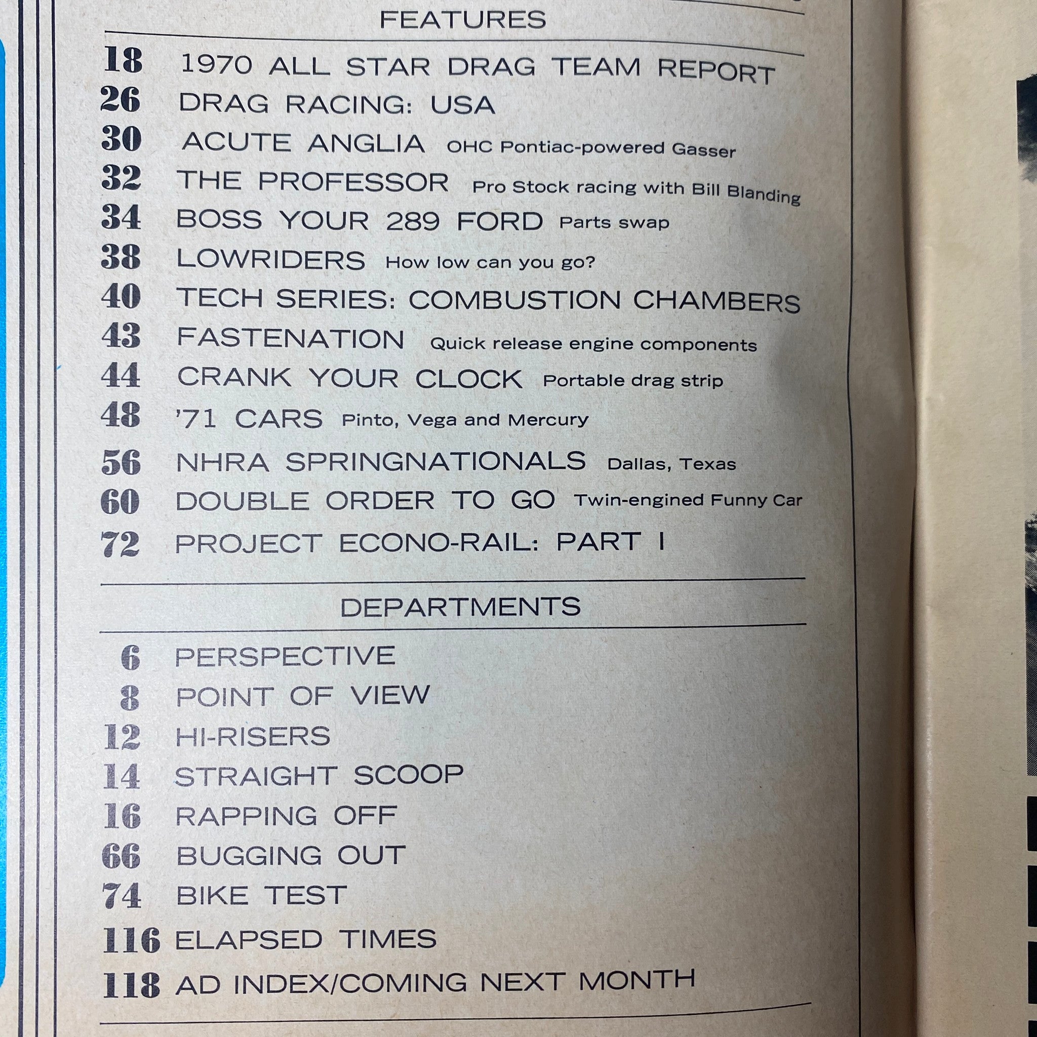 Contents page of Car Craft Magazine September 1970, listing features including drag racing reports and profiles of Ford Pinto and Chevy Vega.