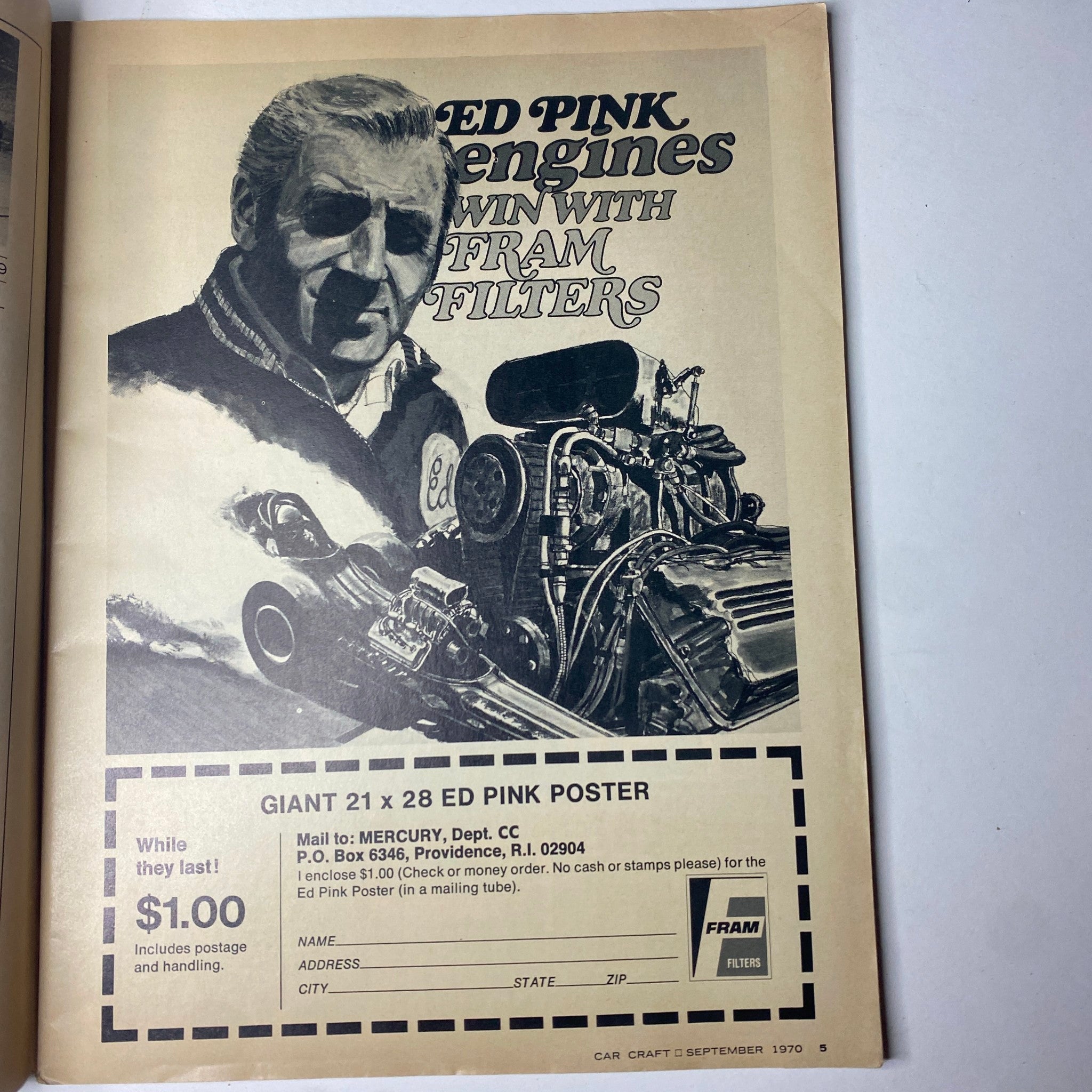 Advertisement page from Car Craft Magazine September 1970, showcasing Ed Pink Engines and the promotion of Fram filters.