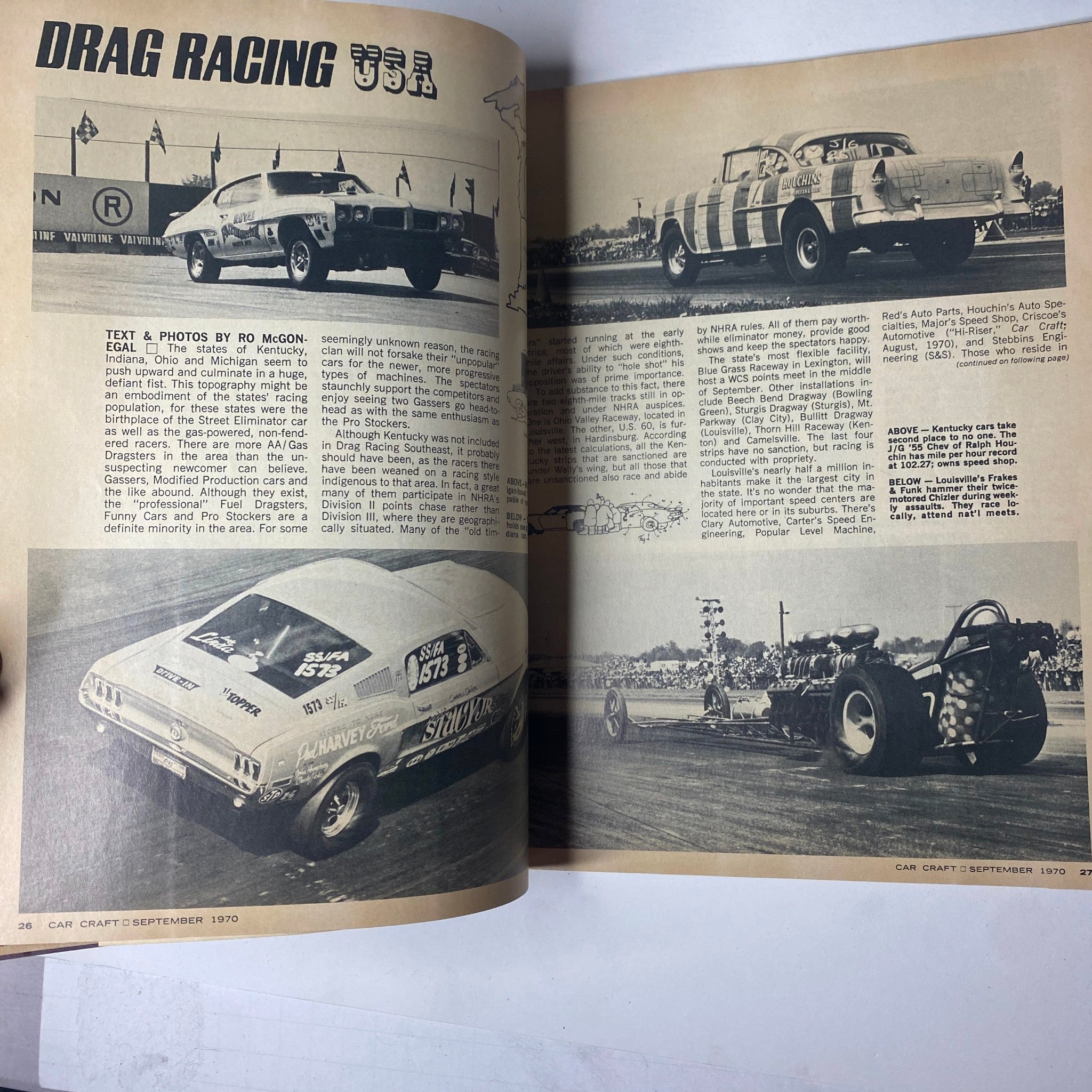 Image from Car Craft Magazine September 1970 showcasing drag racing with cars on the track, featuring various racing teams and a glimpse into the drag racing culture of the time.