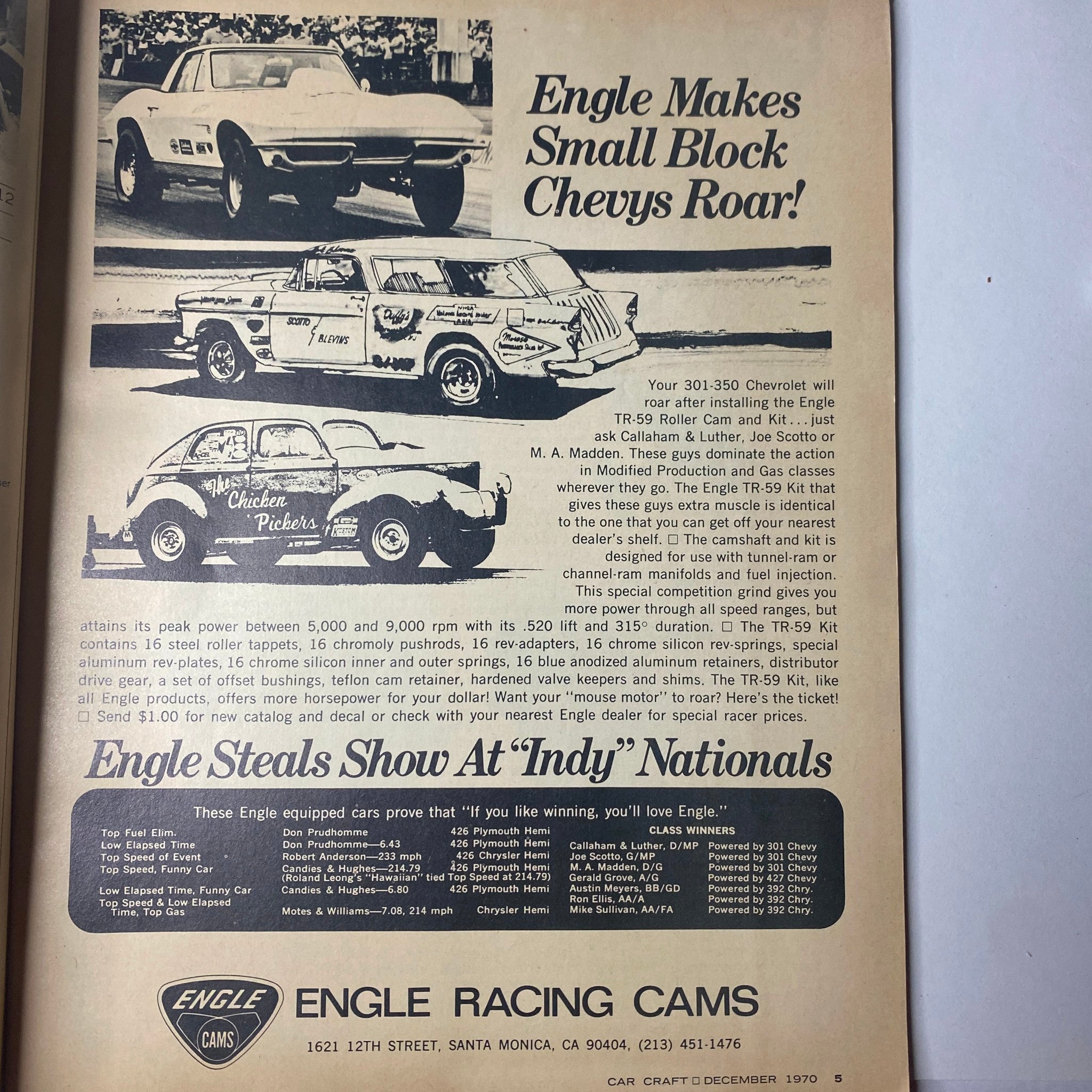 Advertisement page from Car Craft Magazine December 1970 for Engle Racing Cams, promoting performance parts for small block Chevys, appealing to car modification enthusiasts.