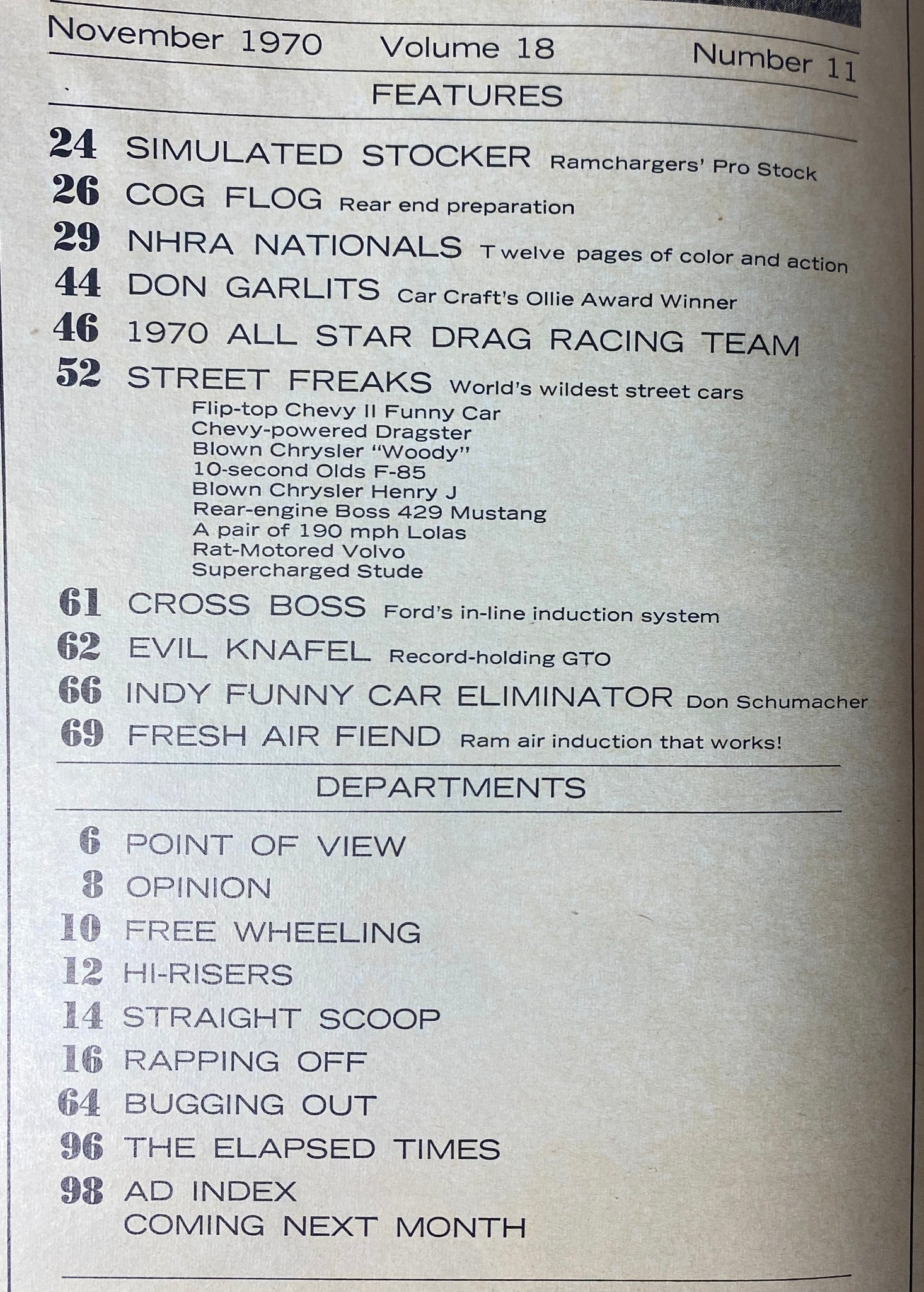 Table of contents from Car Craft Magazine, November 1970, Vol 18 No. 11, listing features like 'Simulated Stocker' and 'Street Freaks'.