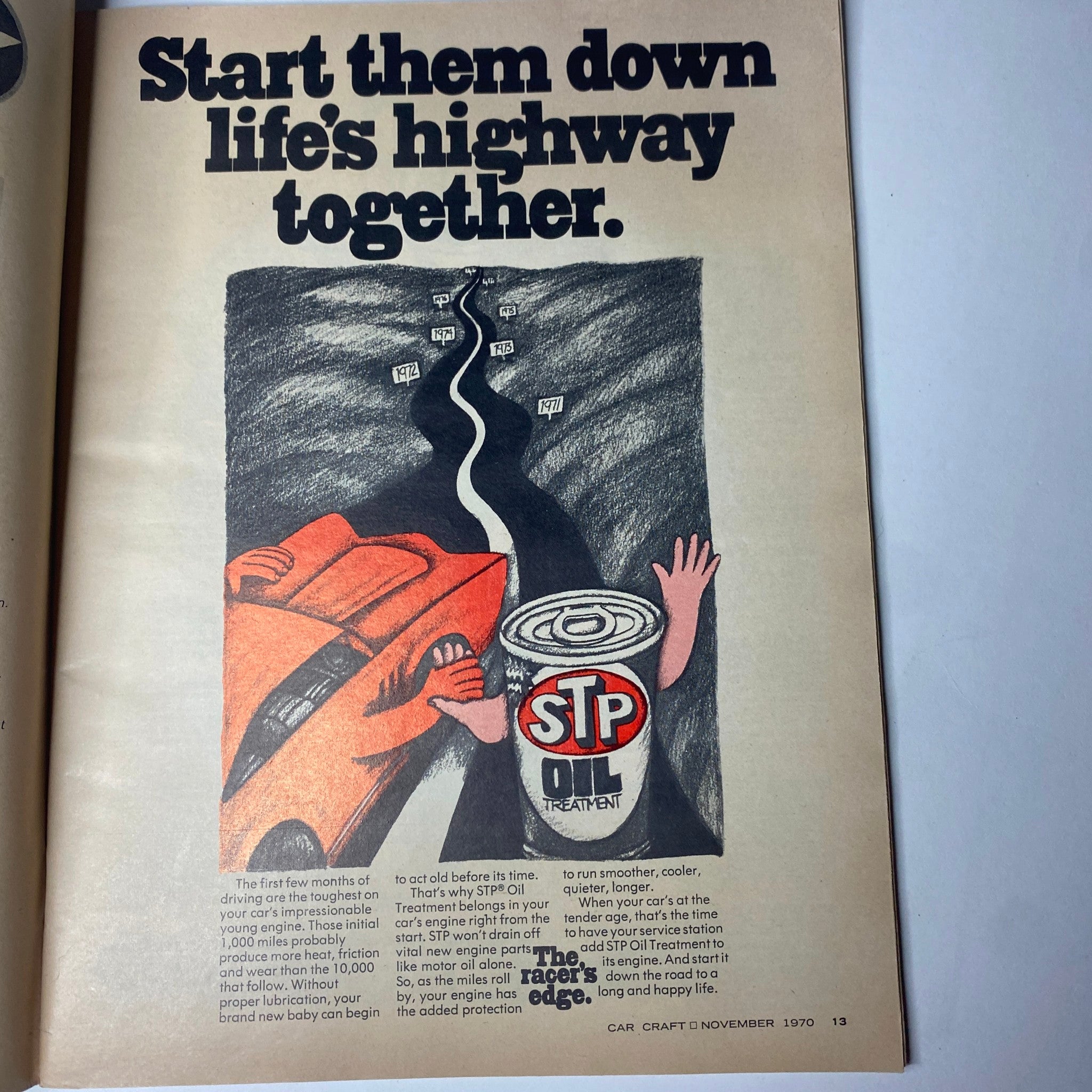 Advertisement from Car Craft Magazine, November 1970, Vol 18 No. 11 illustrating STP Oil Treatment with an artistic drawing.