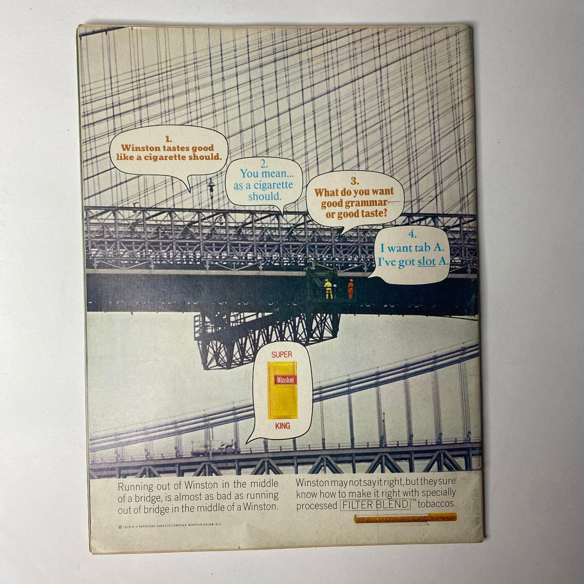 Back cover of Car Craft Magazine, November 1970, Vol 18 No. 11 featuring a humorous advertisement for Winston cigarettes.