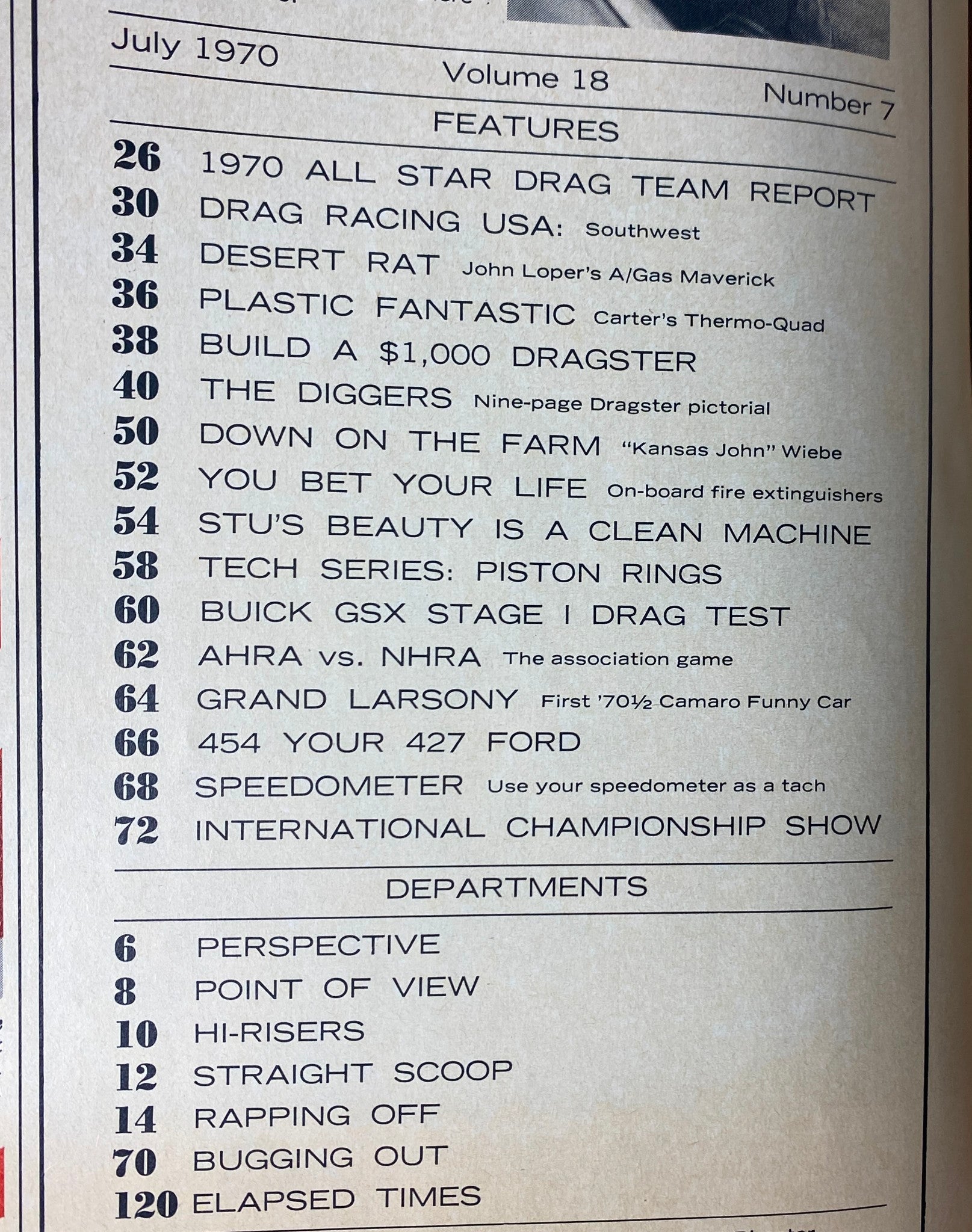 Table of contents of Car Craft Magazine July 1970 Vol 18 No. 7, listing features such as 1970 All Star Drag Team Report, Desert Rat, and various technical articles relevant to drag racing enthusiasts.