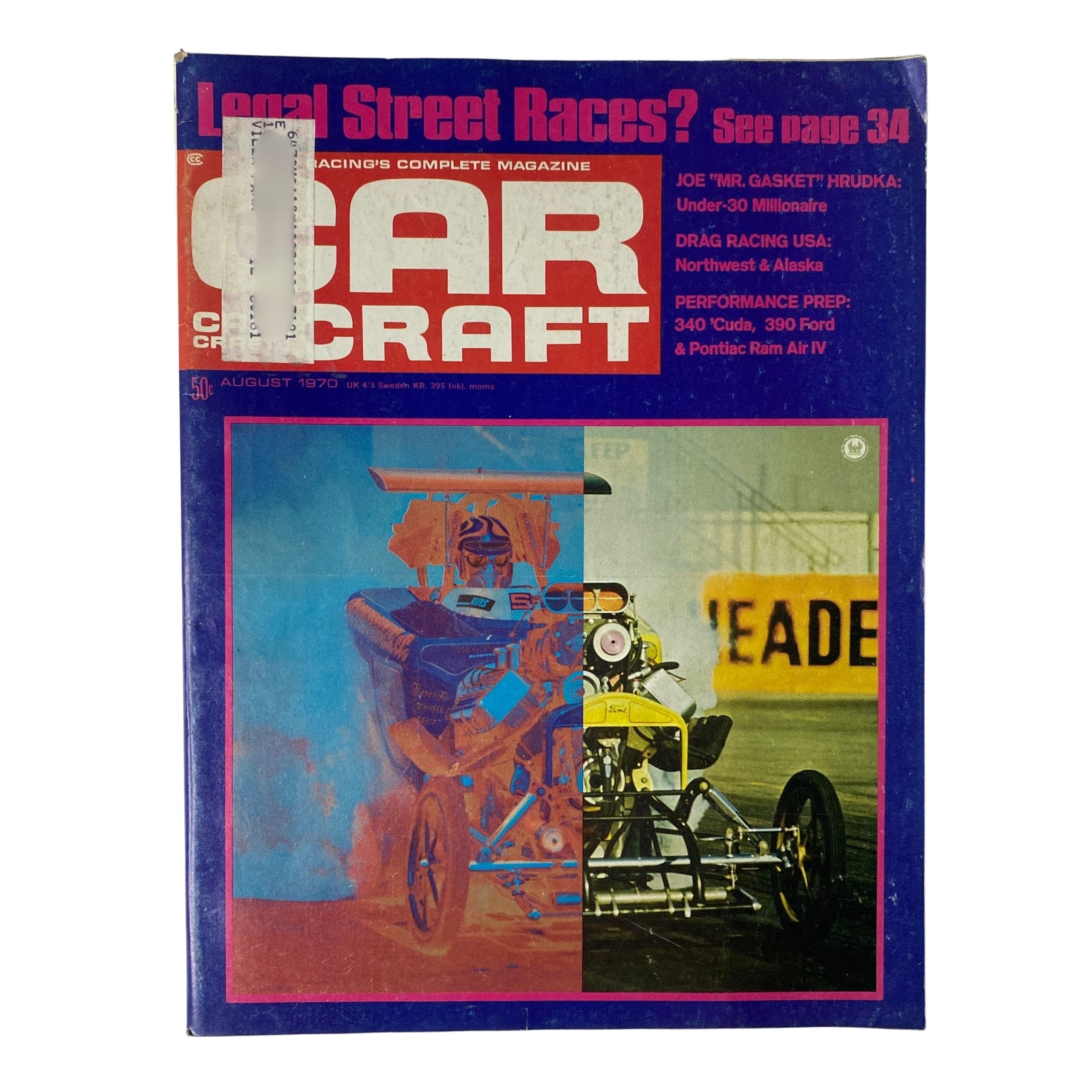 Cover of Car Craft Magazine, August 1970, Volume 18, Number 8, featuring a drag racing theme with highlights on Joe 'Mr. Gasket' Hrudka and the regional spotlight on Northwest and Alaska drag racing.