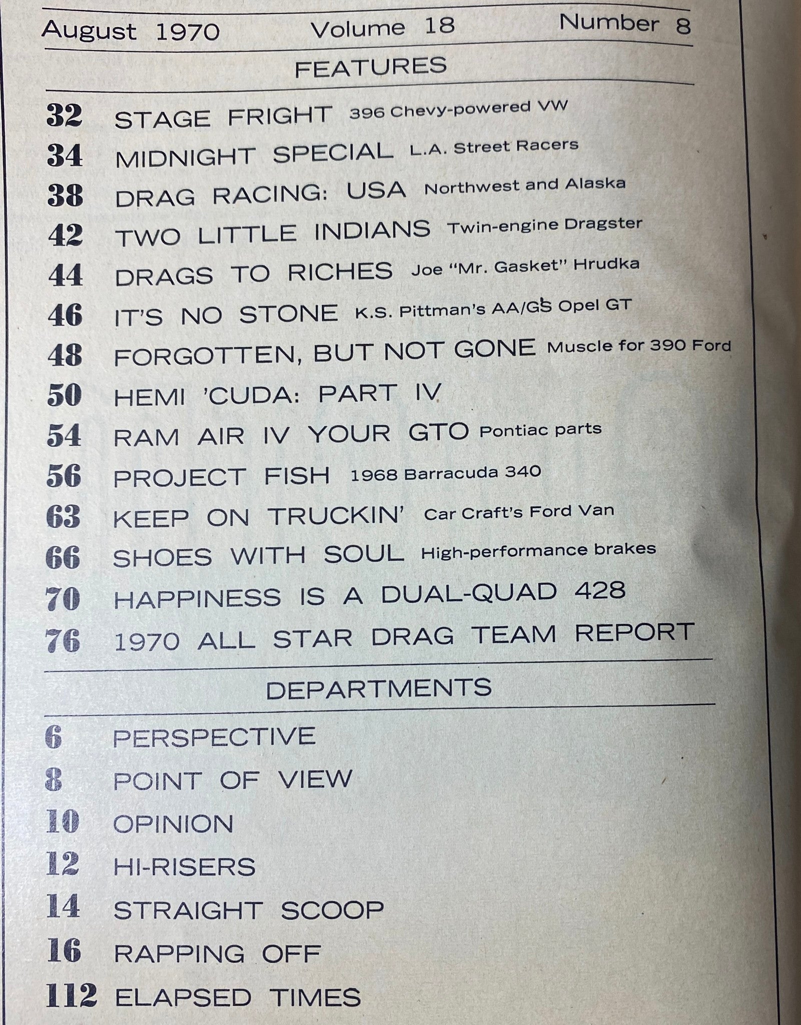 Car Craft Magazine August 1970 Vol 18 No. 8 with features on Drag Racing USA: Northwest & Alaska, showcasing articles like 'Stage Fright', 'Midnight Special', and 'Two Little Indians'.