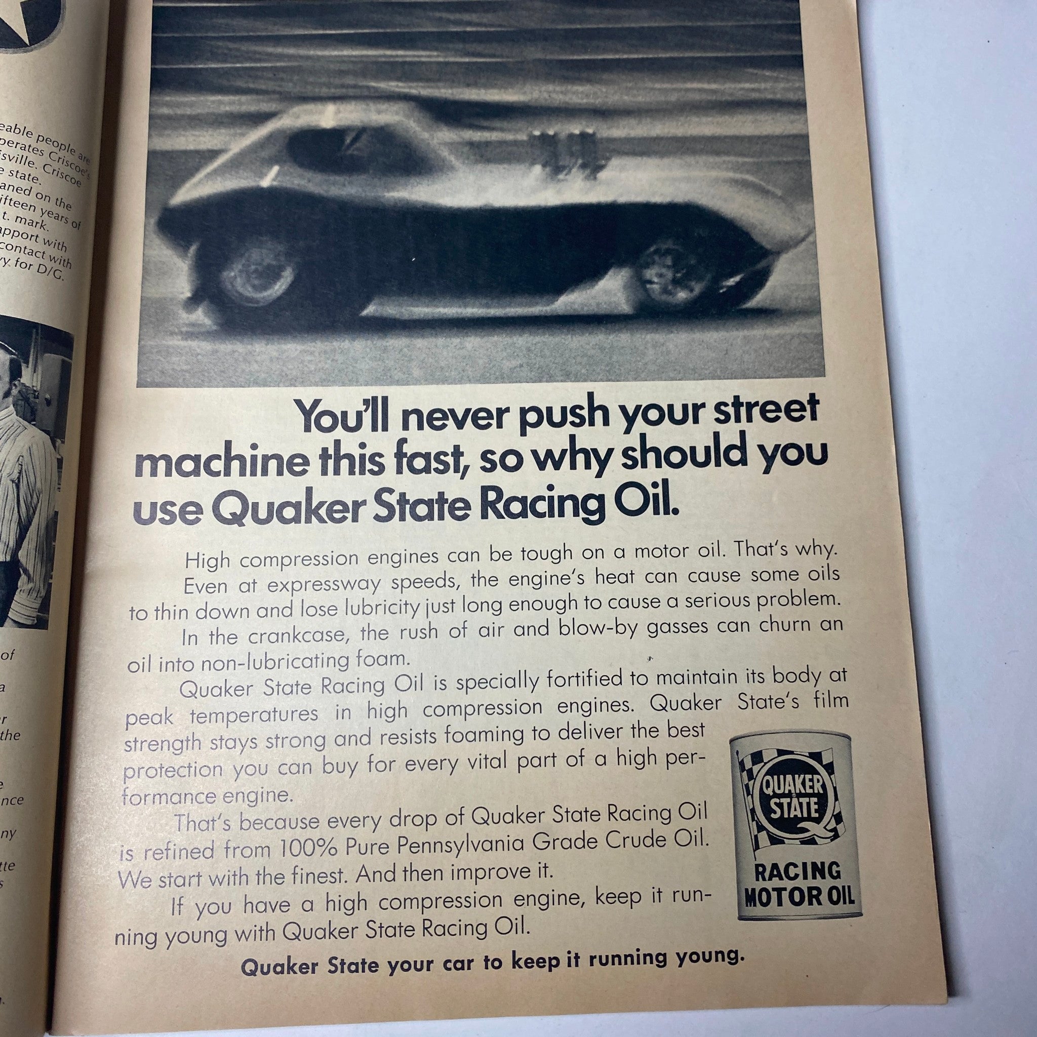 Advertisement from Car Craft Magazine August 1970 Vol 18 No. 8 promoting Quaker State Racing Oil, emphasizing engine performance maintenance.