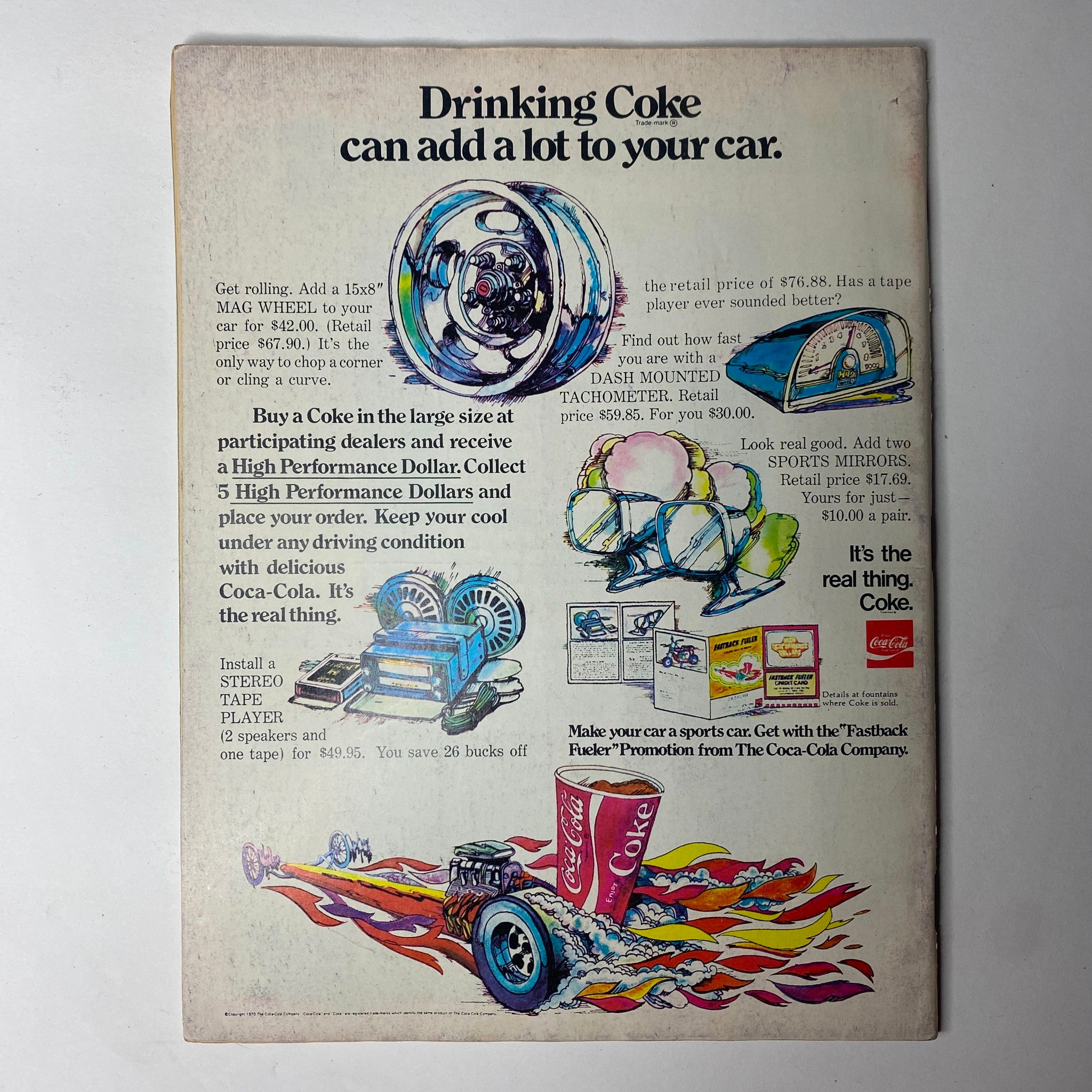 Back cover of Car Craft Magazine August 1970 Vol 18 No. 8 featuring a Coca-Cola advertisement highlighting promotions for racing enthusiasts.