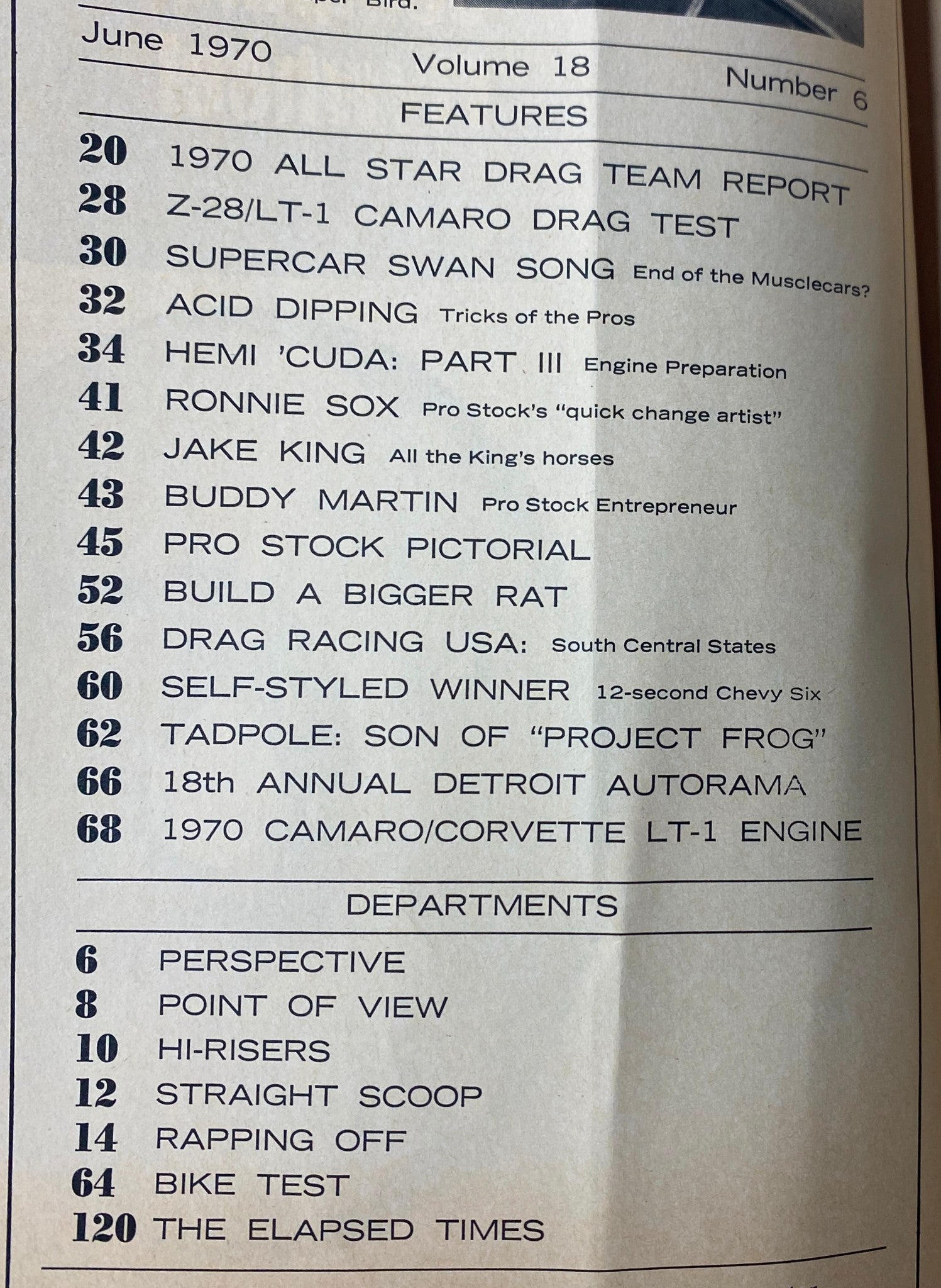 Inside page of Car Craft Magazine June 1970 Vol 18 No. 6 listing features such as 1970 All Star Drag Team Report and Pro Stock highlights, providing insights into muscle car culture and drag racing.
