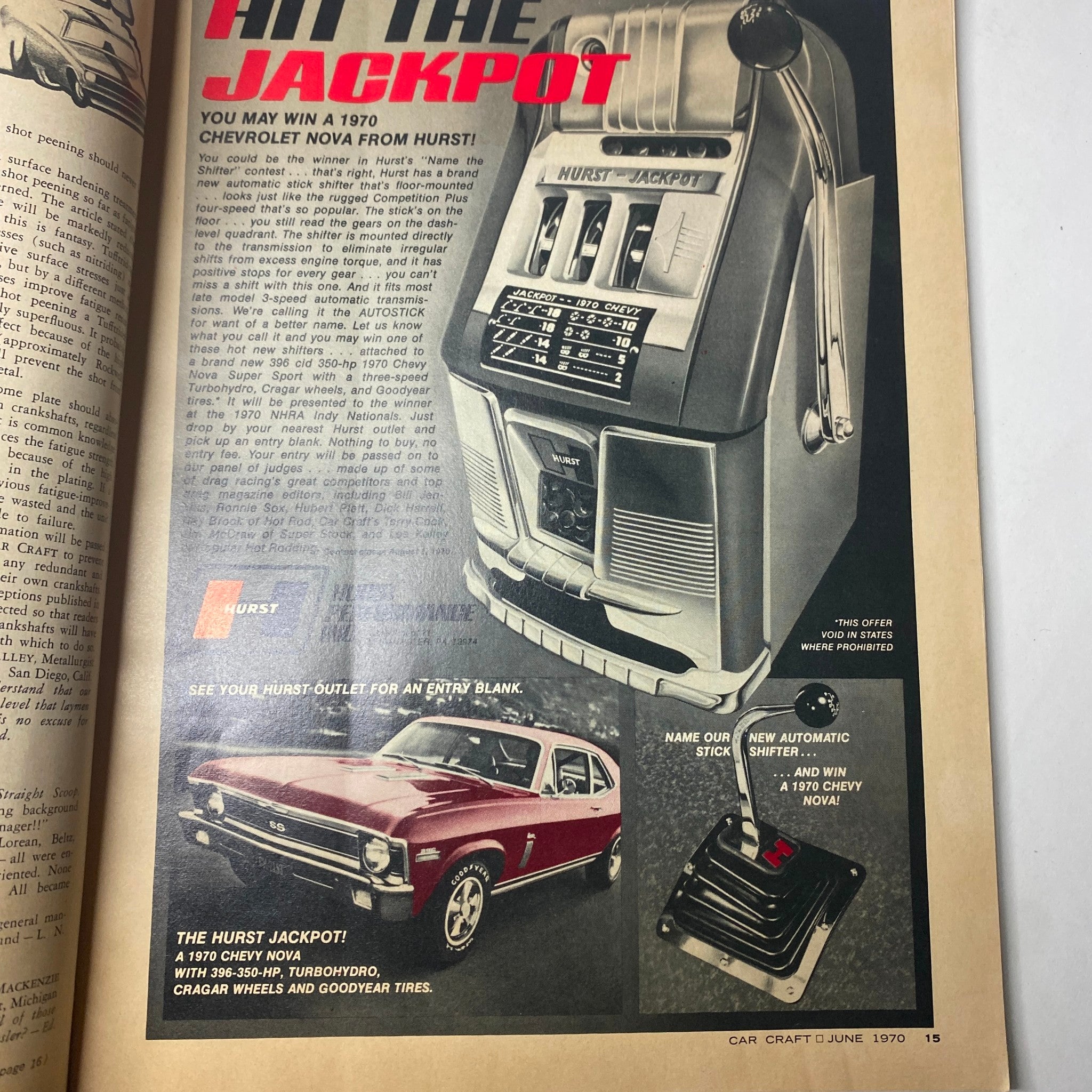Vintage advertisement for the Hurst Jackpot featuring a Chevrolet Nova from Hurst and a gear shifter, as seen in Car Craft Magazine June 1970 Vol 18 No. 6 Supercar Swan Song.