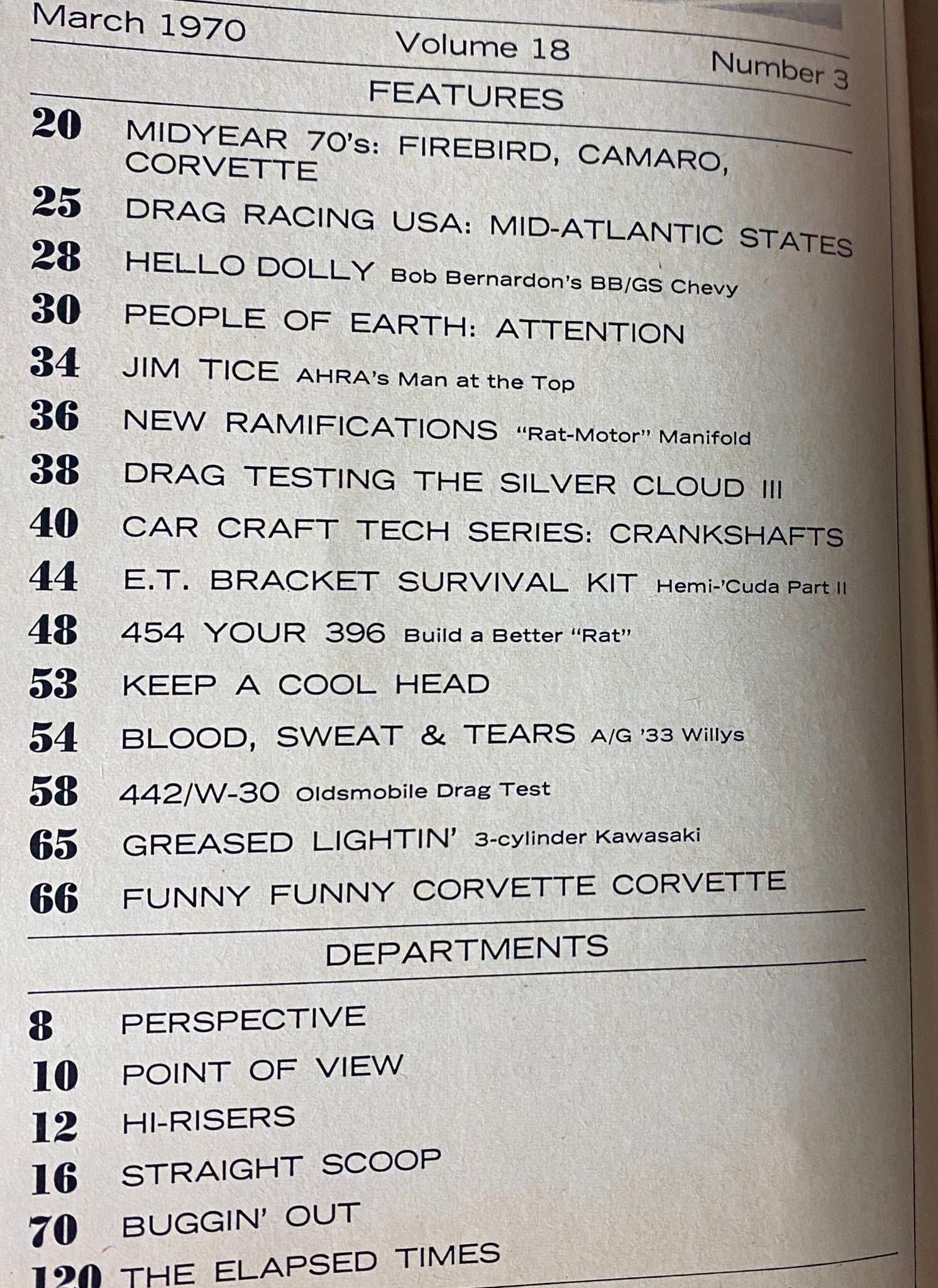 Inside page of Car Craft Magazine March 1970 showcasing features and content list, including midyear previews and drag racing articles.