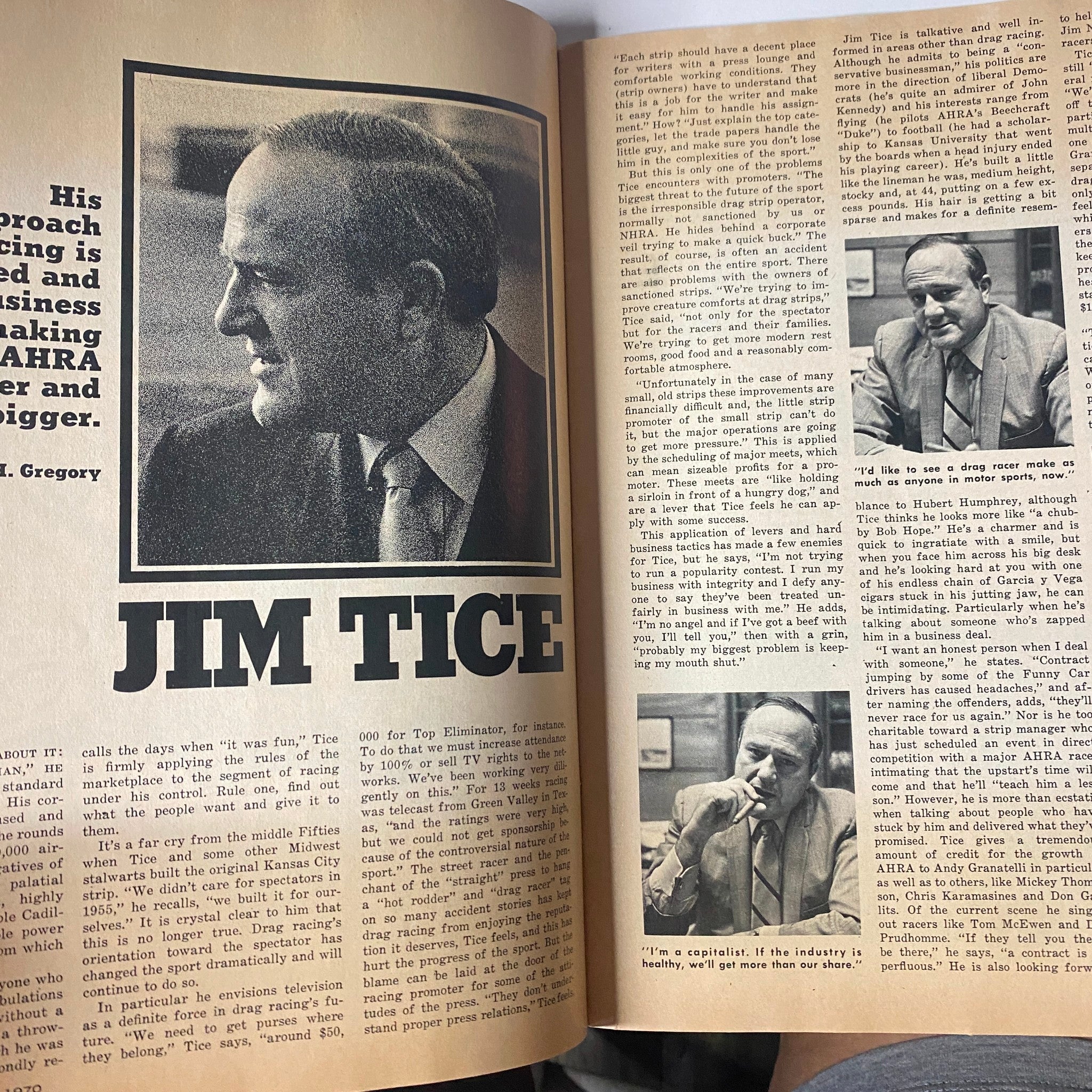 Profile feature of Jim Tice from Car Craft Magazine March 1970, discussing his contributions to drag racing.