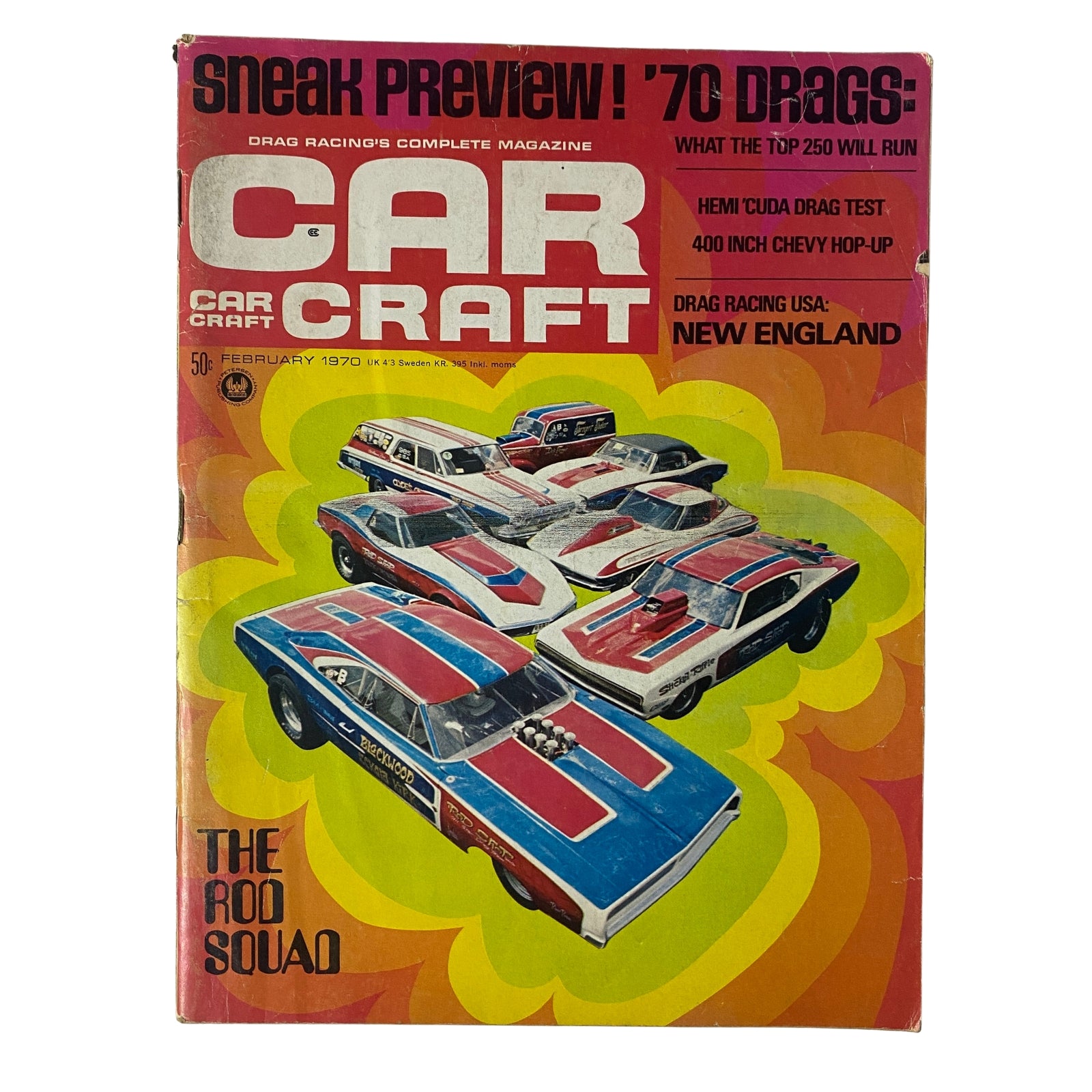 Cover of Car Craft Magazine February 1970 Vol 18 No. 2 featuring The Rod Squad with a colorful illustration of drag racing cars.