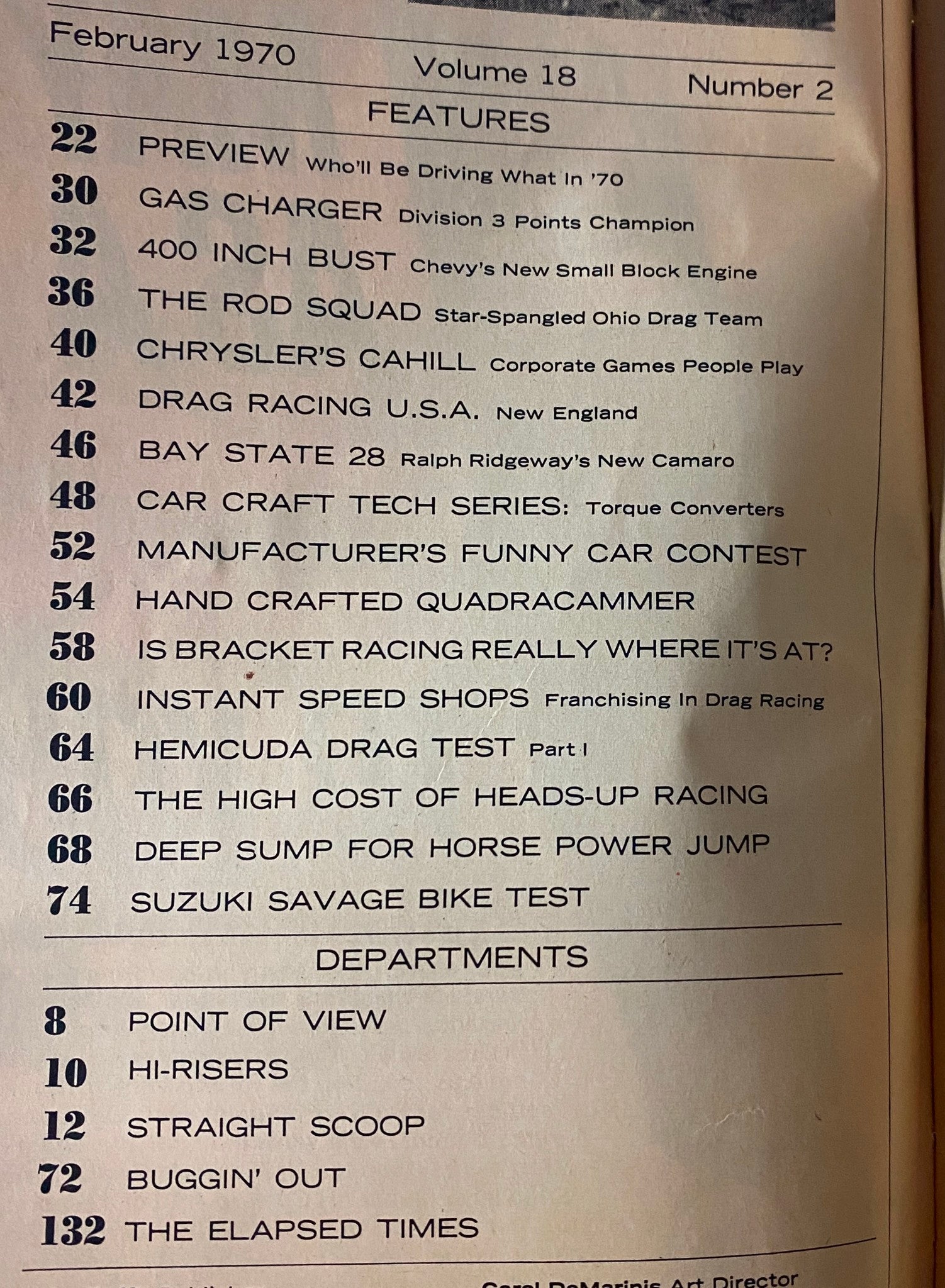 Table of contents from Car Craft Magazine February 1970 Vol 18 No. 2 outlining features like 400 Inch Bust and Drag Racing USA.