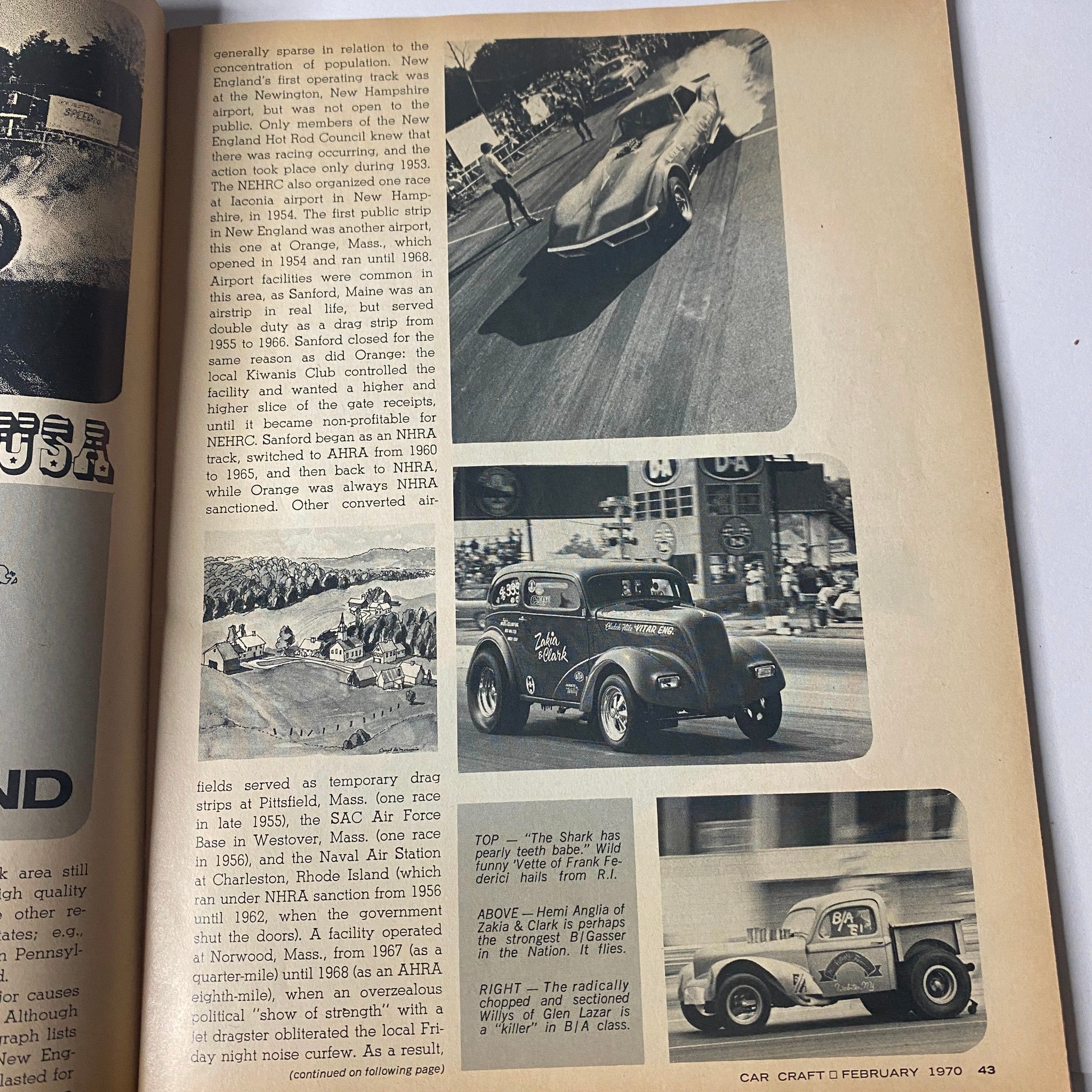 Interior page from Car Craft Magazine February 1970 Vol 18 No. 2 showcasing vintage drag racing action with historic cars on the track.