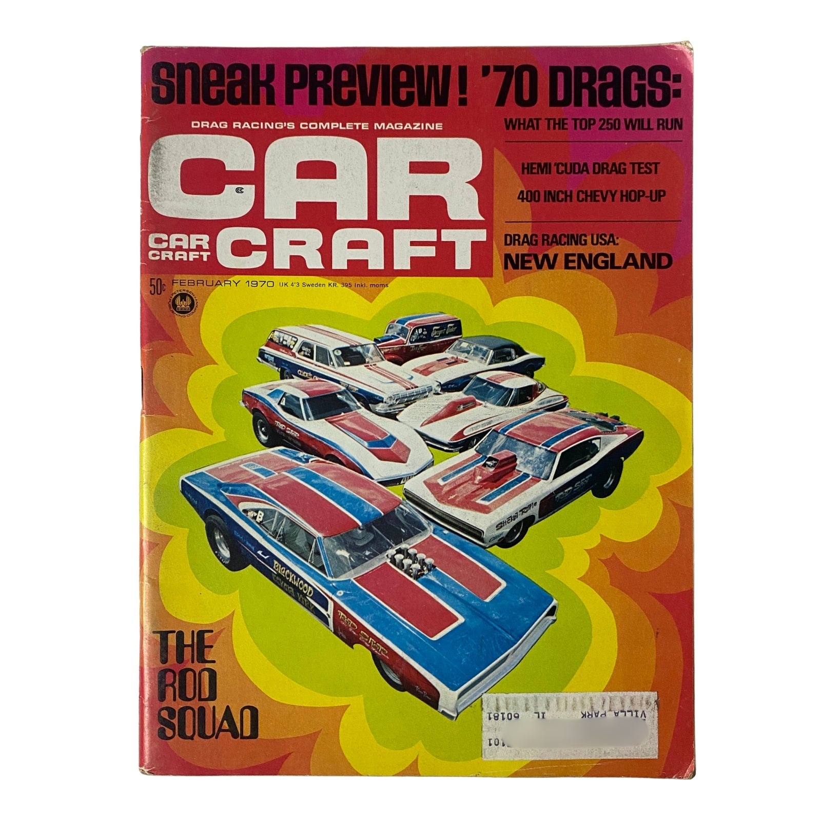 Car Craft Magazine Cover - February 1970, Volume 18, Number 2 featuring The Rod Squad, showcasing vintage drag racing cars in bold paint schemes with the headline 'Sneak Preview! '70 Drags' and highlights like HEMI 'Cuda Drag Test and 400 Inch Chevy Hop-Up.