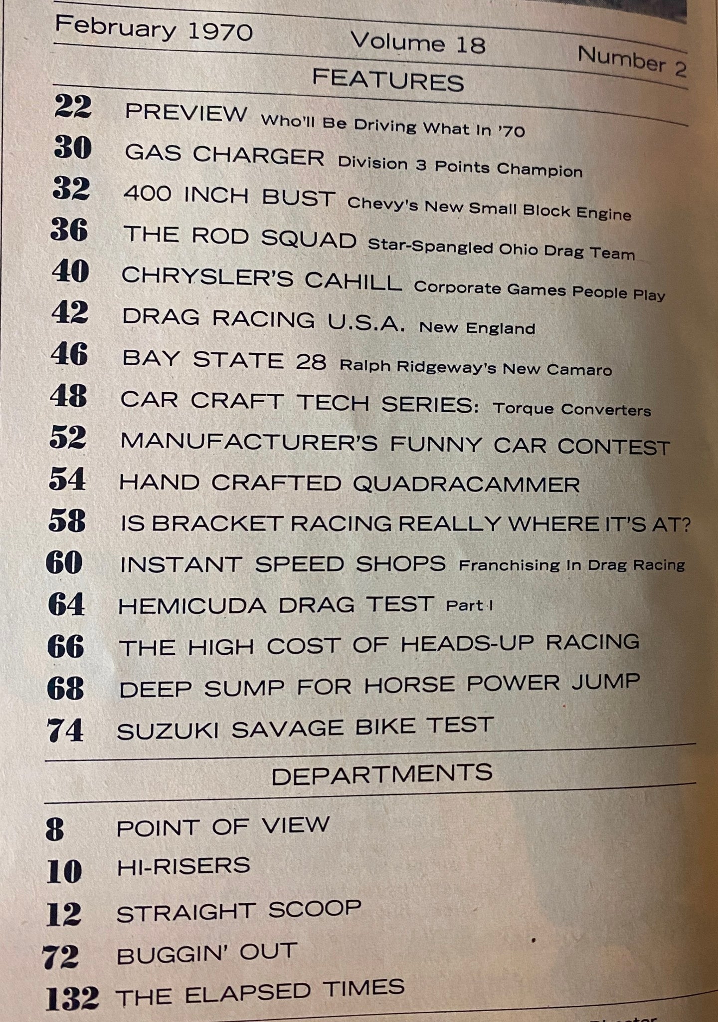 Table of contents for Car Craft Magazine February 1970 Vol 18 No 2 highlighting features like The Rod Squad and Chrysler's Cahill, along with various automotive articles.