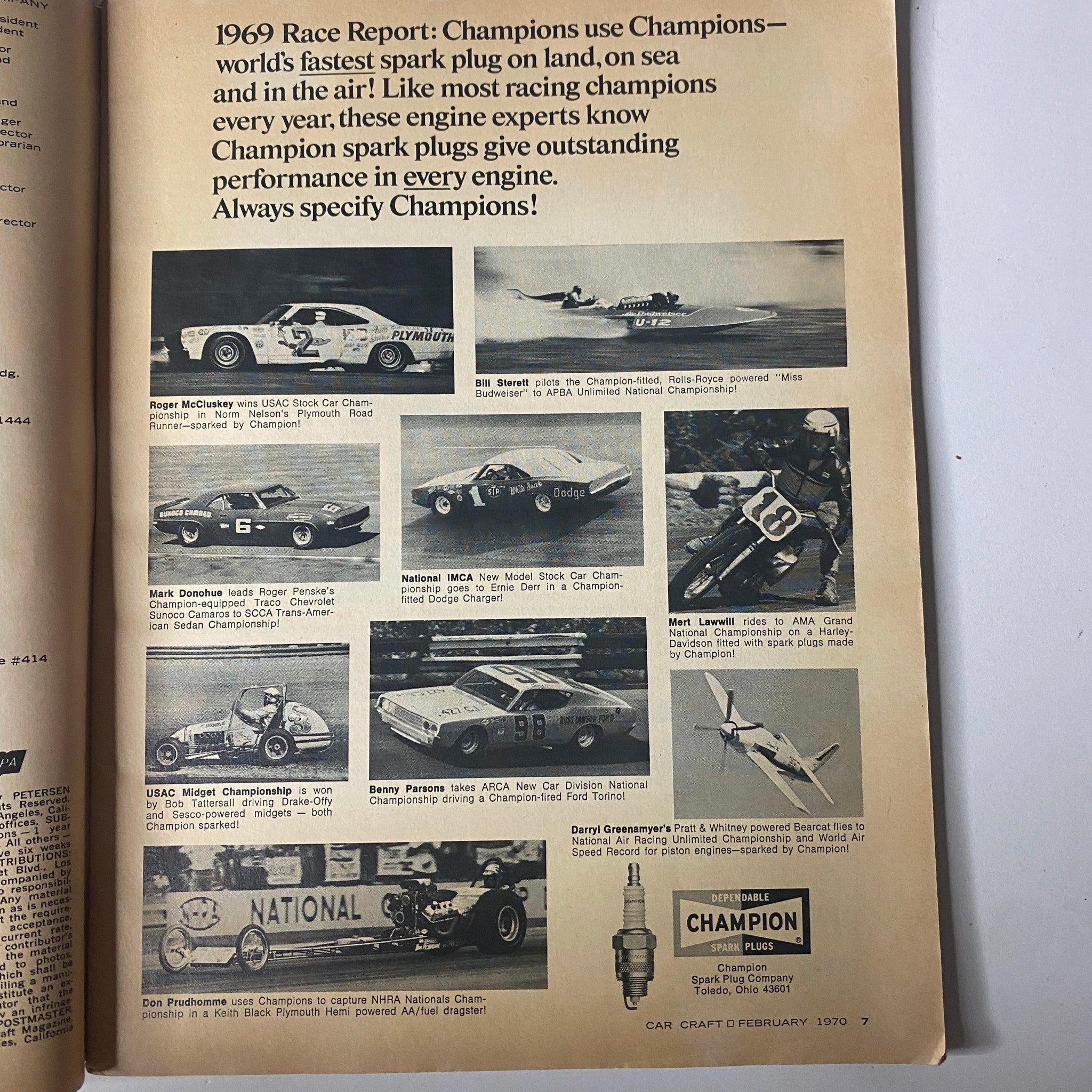 Advertisement in Car Craft Magazine February 1970 Vol 18 No 2 showcasing Champion spark plugs, featuring racing champions and their vehicles.