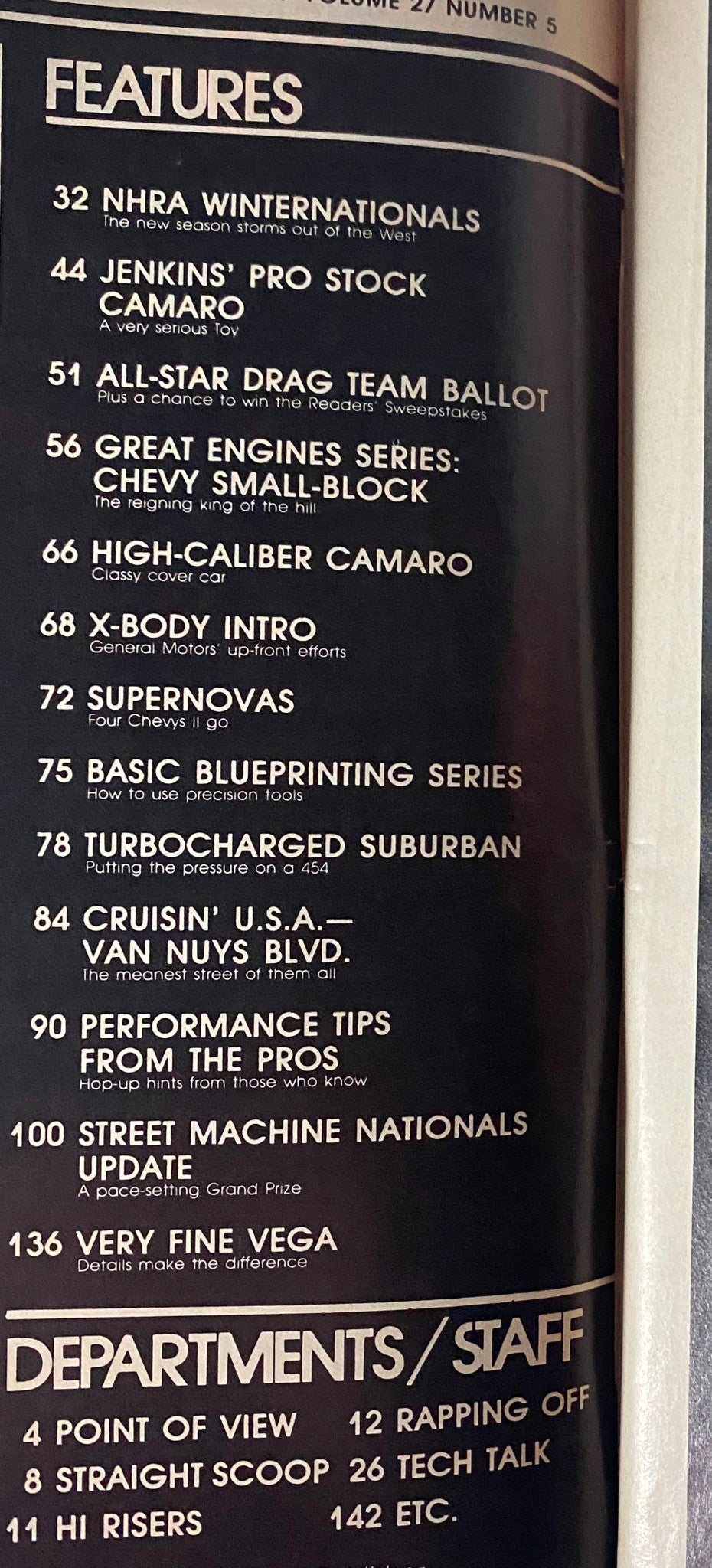 Contents page of Car Craft Magazine May 1979 Vol 27 No. 5, listing features such as NHRA Winter Nationals, Jenkins' Pro Stock Camaro, and various engine tech articles.