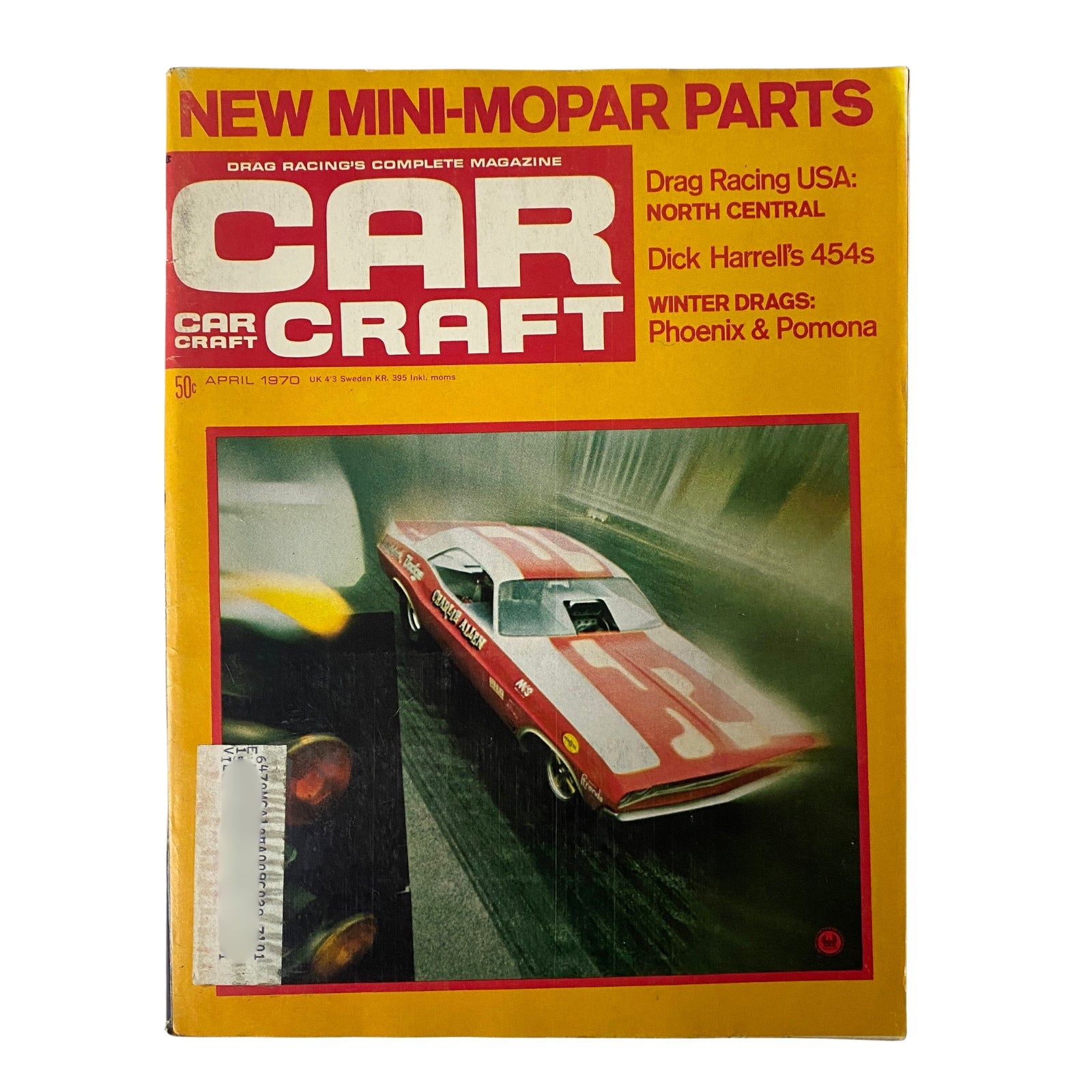 Car Craft Magazine April 1970 Vol 18 No. 4 cover featuring a racing scene showcasing Mini-Mopar parts and drag racing themes.