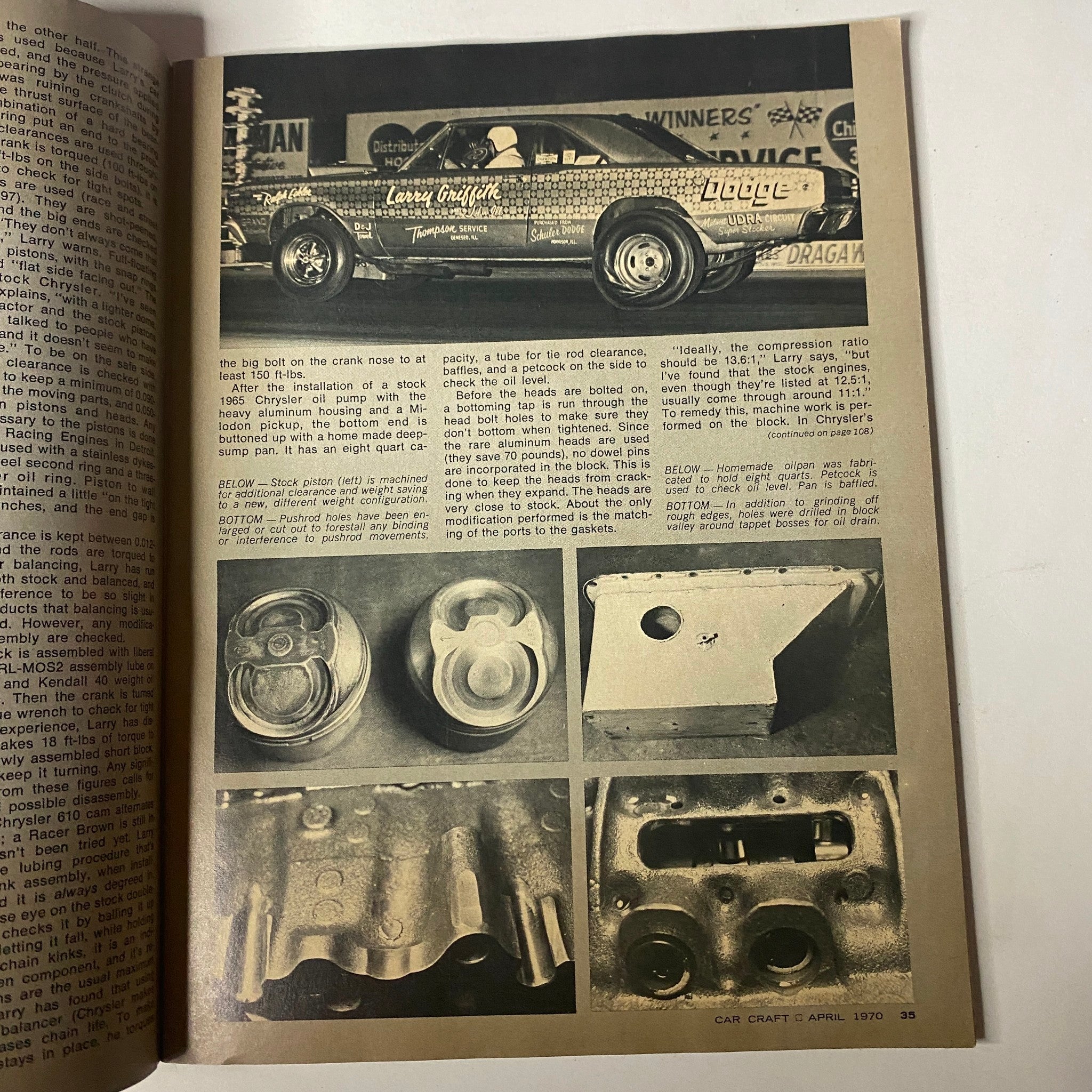 Interior page from Car Craft Magazine April 1970 Vol 18 No. 4 showing a detailed image of a drag racer and performance parts.