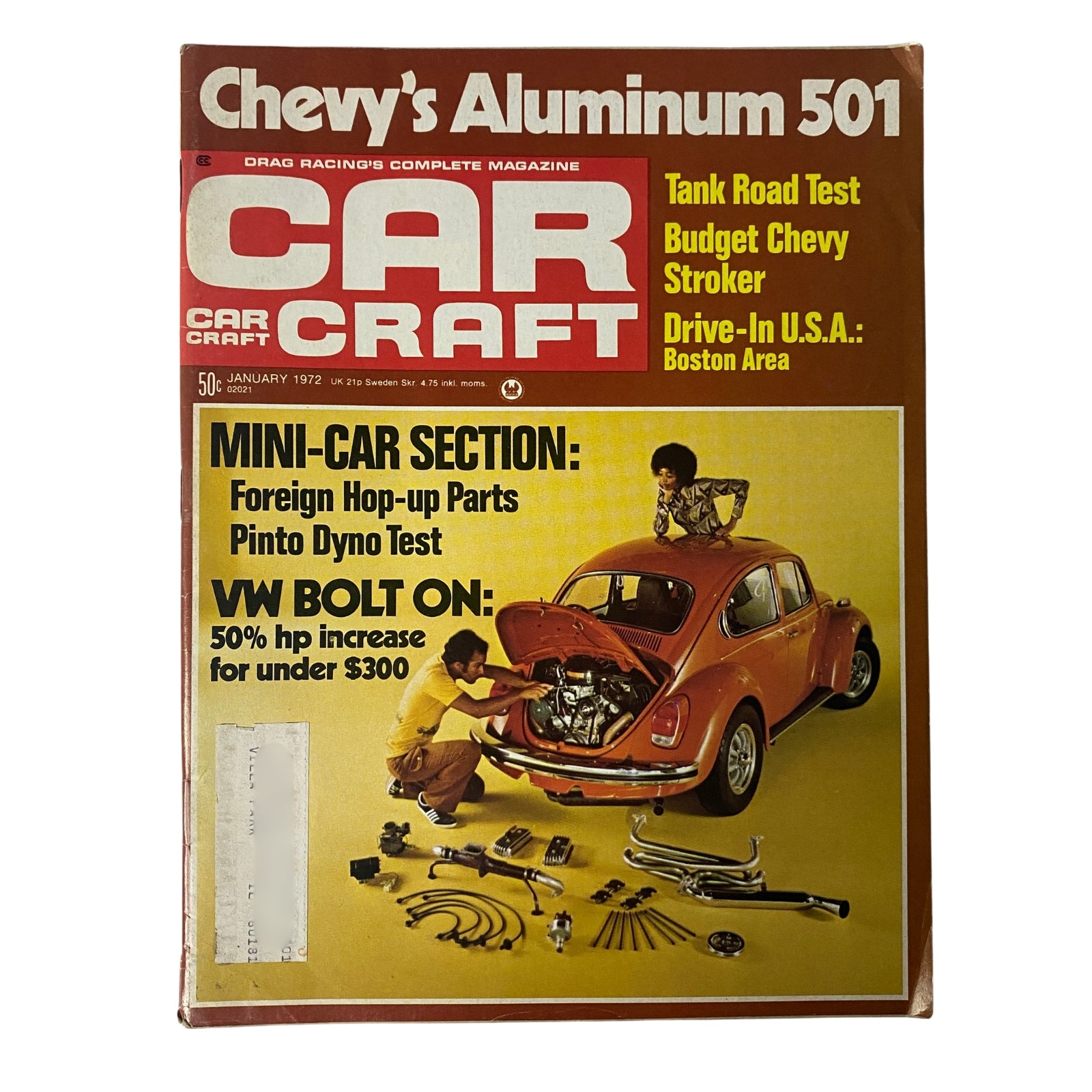 Cover of Car Craft Magazine January 1972 Vol 20 No. 1 featuring Chevy's Aluminum 501 with imagery related to automotive repair and performance.