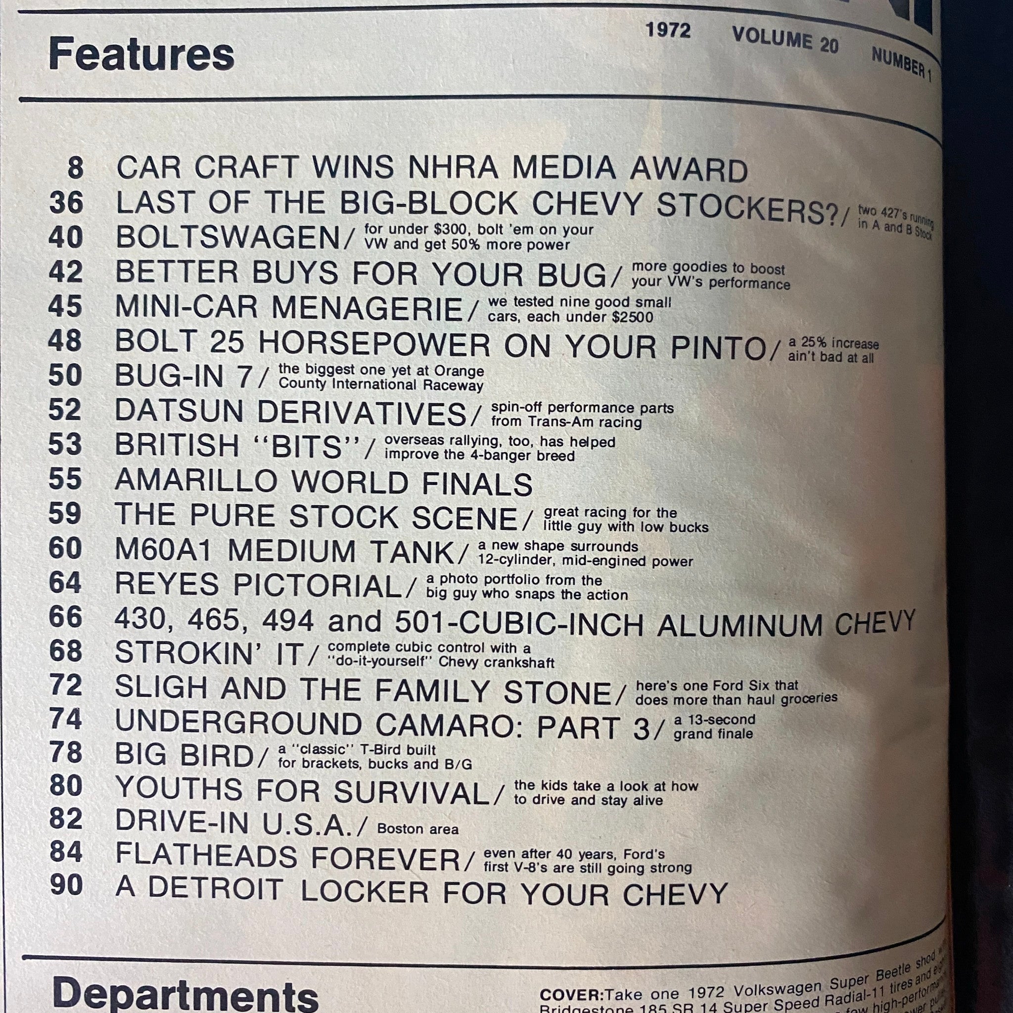 Features page from Car Craft Magazine January 1972 Vol 20 No. 1 listing articles including Car Craft wins NHRA Media Award and Bolt 25 Horsepower on Your Pinto.